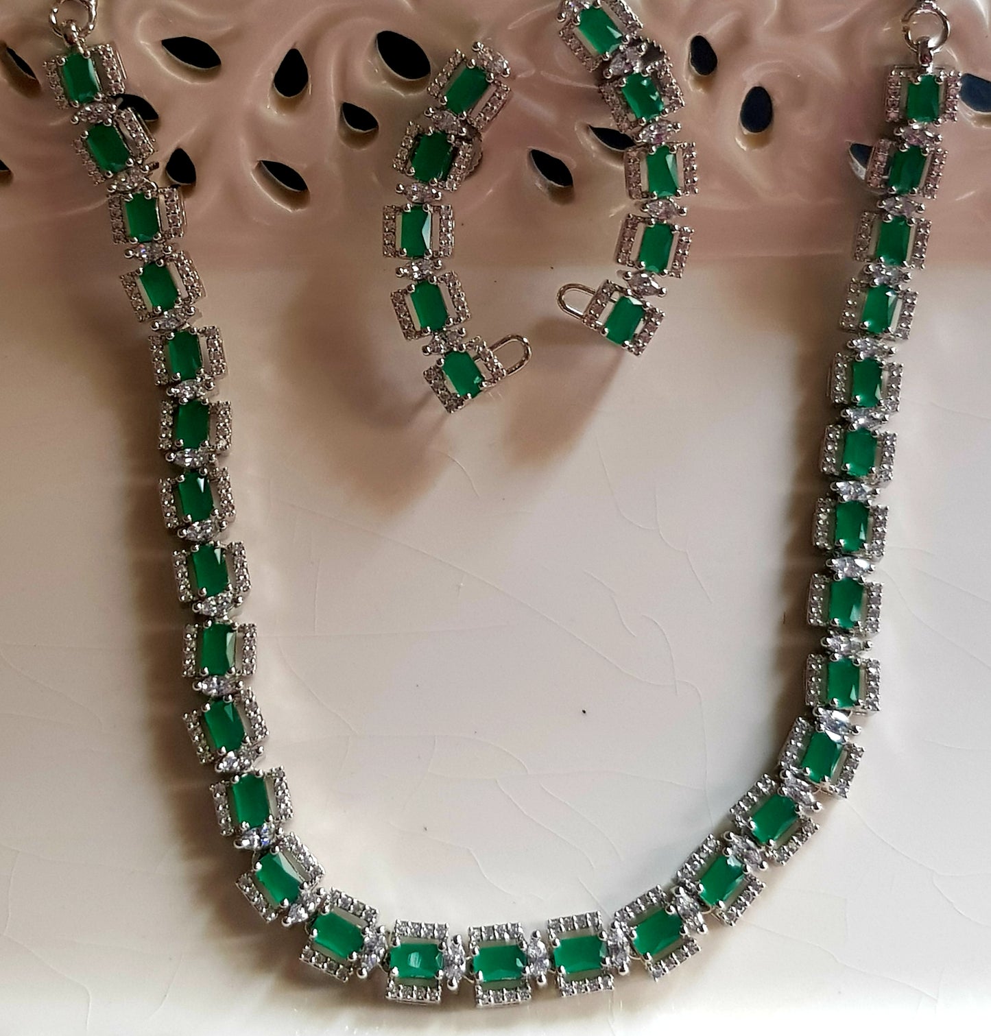 Gold/platinum finish set, square sapphire/emerald and CZ single strand necklace, C shape matching earrings