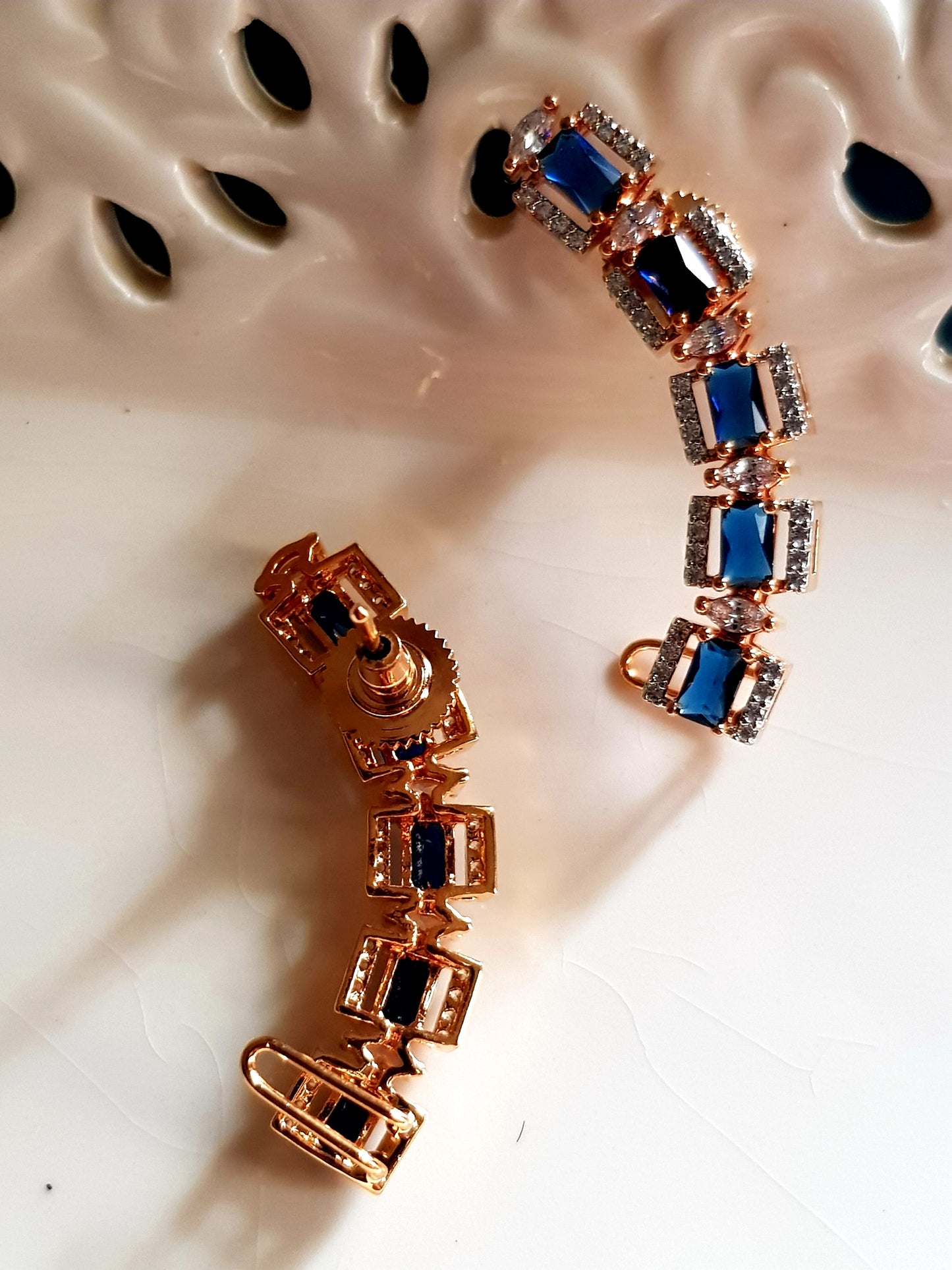 Gold/platinum finish set, square sapphire/emerald and CZ single strand necklace, C shape matching earrings