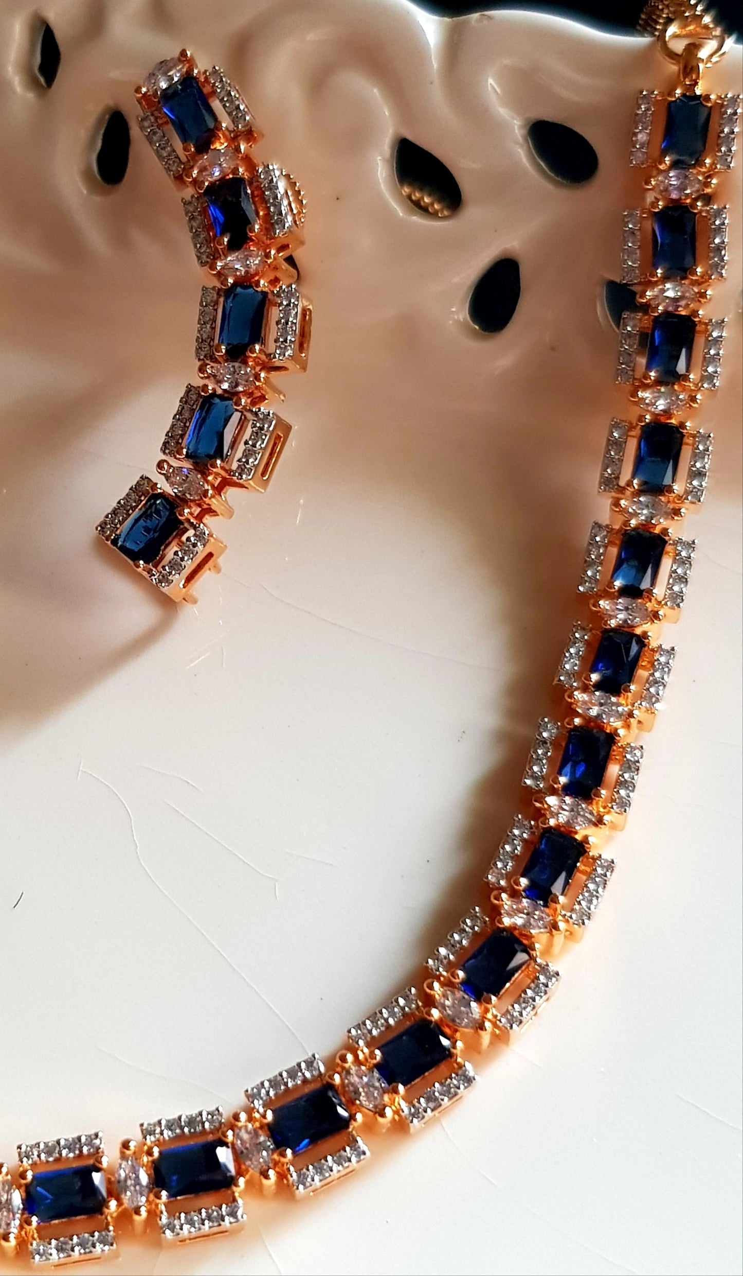 Gold/platinum finish set, square sapphire/emerald and CZ single strand necklace, C shape matching earrings
