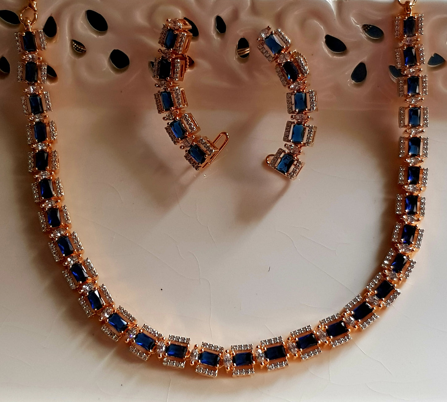Gold/platinum finish set, square sapphire/emerald and CZ single strand necklace, C shape matching earrings