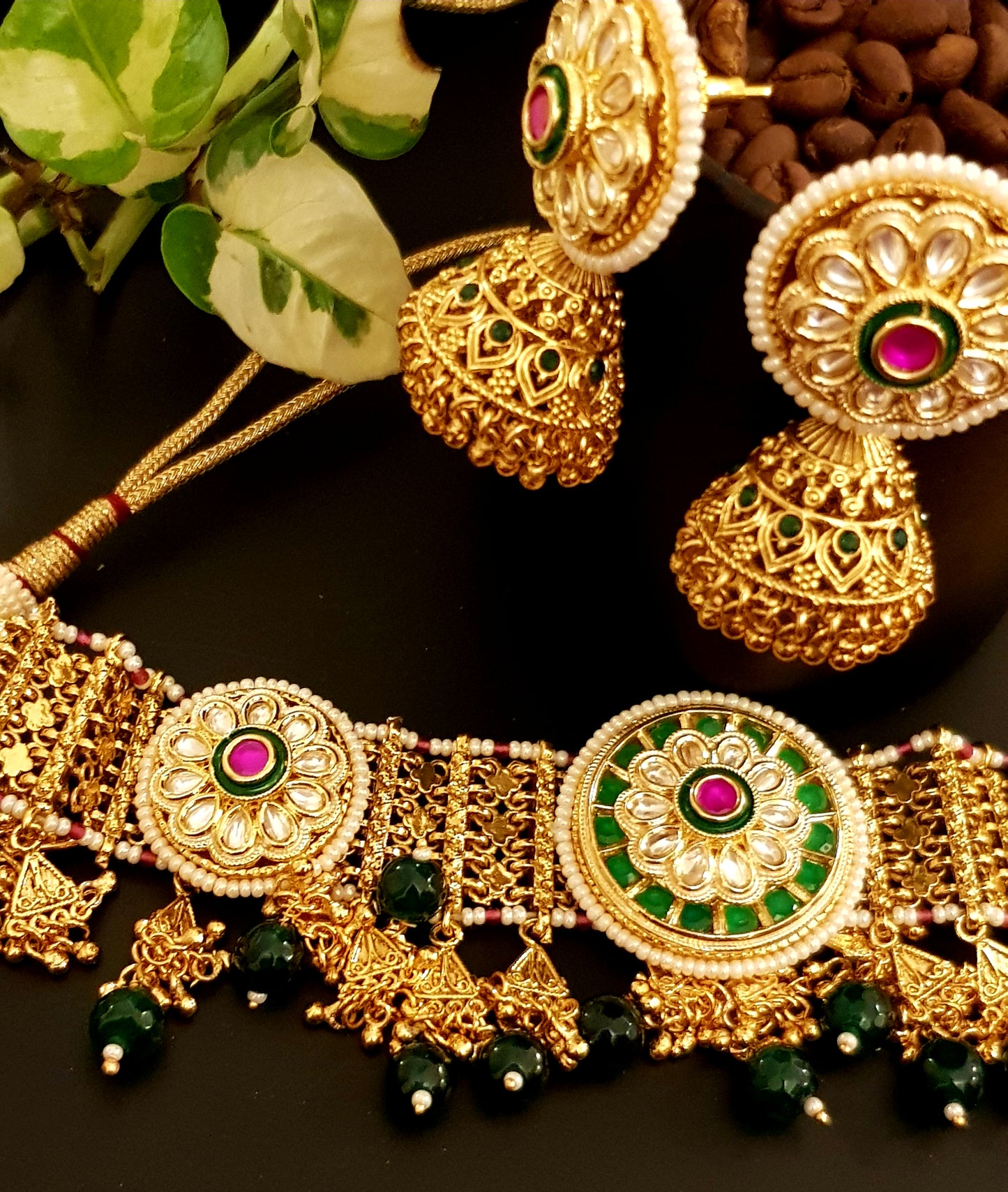 Gold finish choker set with kundan and stunning matching jhumkis (earrings)