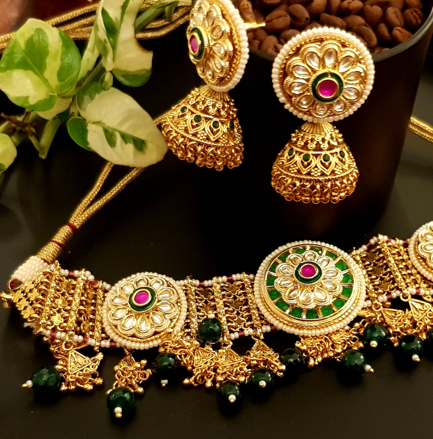 Gold finish choker set with kundan and stunning matching jhumkis (earrings)