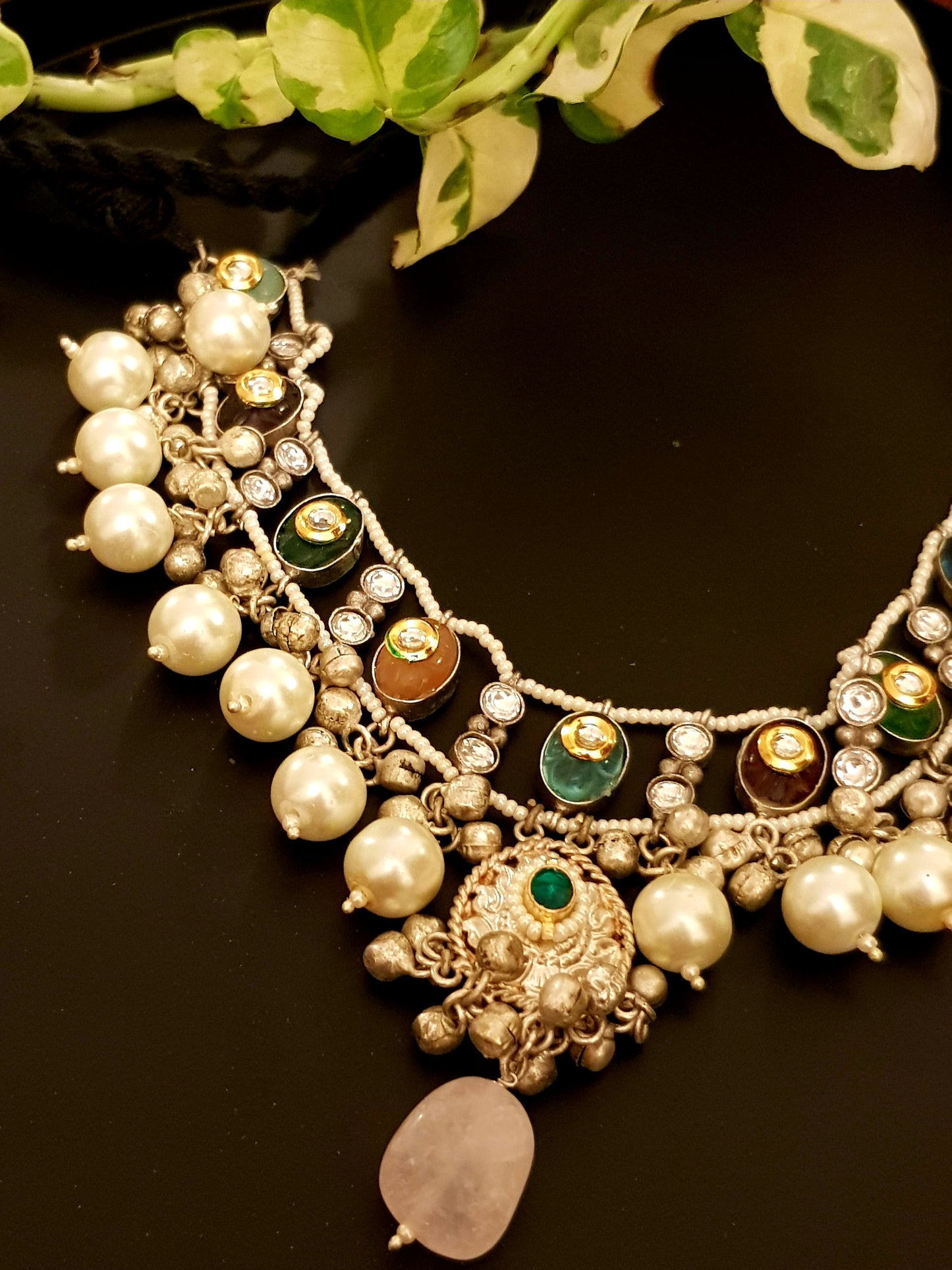 Silver finish choker necklace with kundan on multicoloured stones, poth pearl strings, big pearl drops