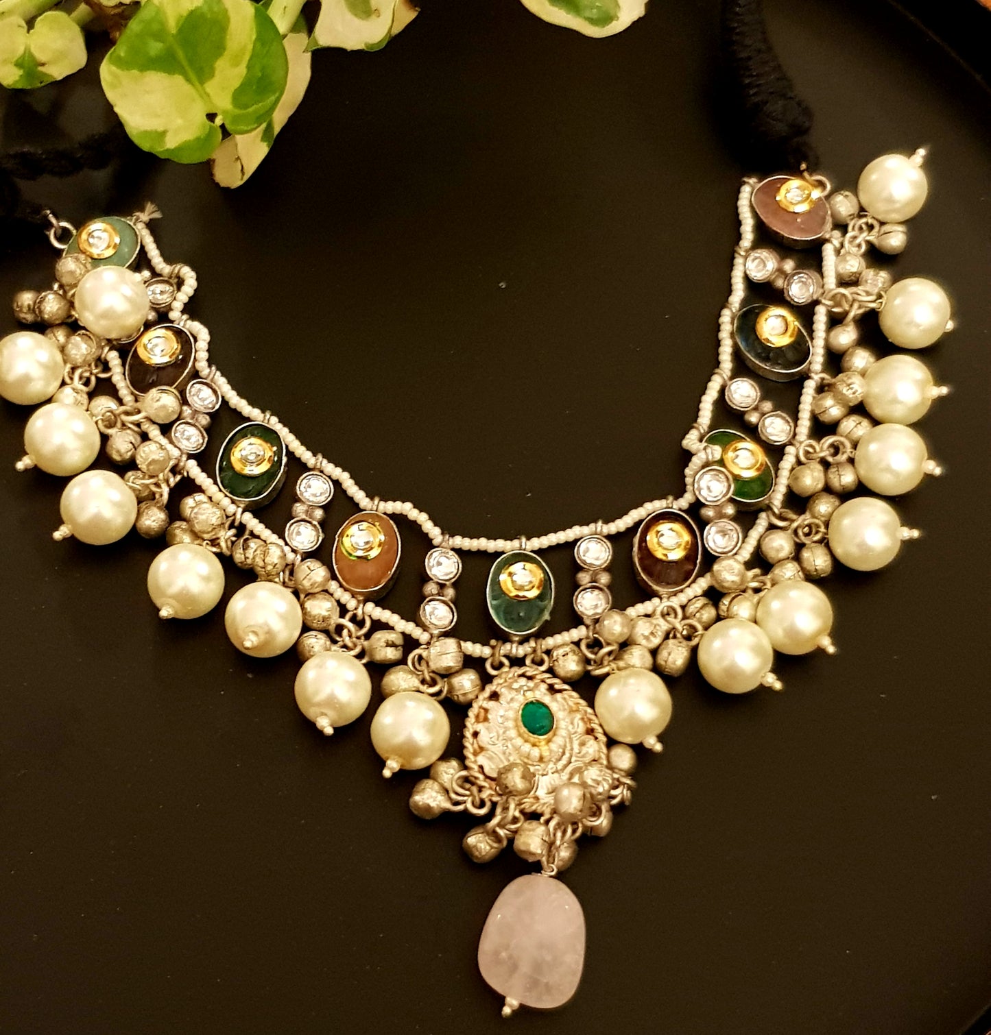 Silver finish choker necklace with kundan on multicoloured stones, poth pearl strings, big pearl drops