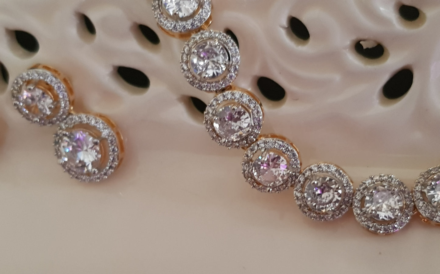 Gold finish set, single strand round crystal necklace with matching earrings