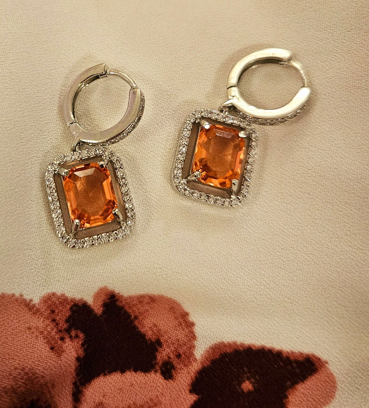 Platinum finish small baali (earrings) with rectangular crystal in red/blue/green and CZ detailing