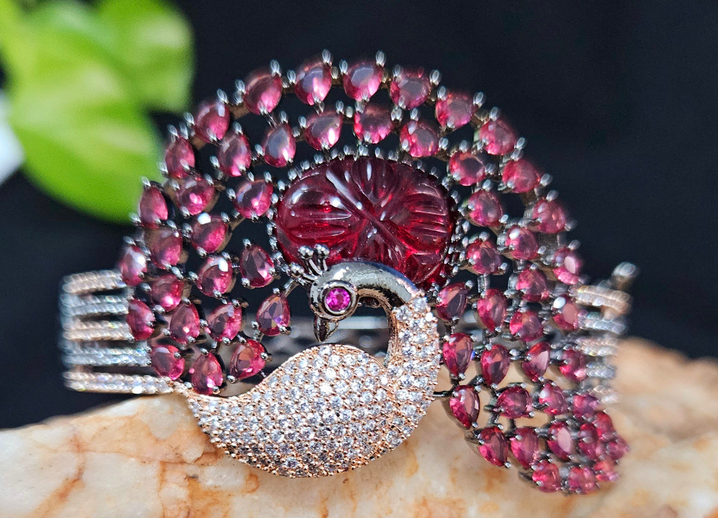 Antique finish platinum kara (bangles), dancing peacock design with different stone variants