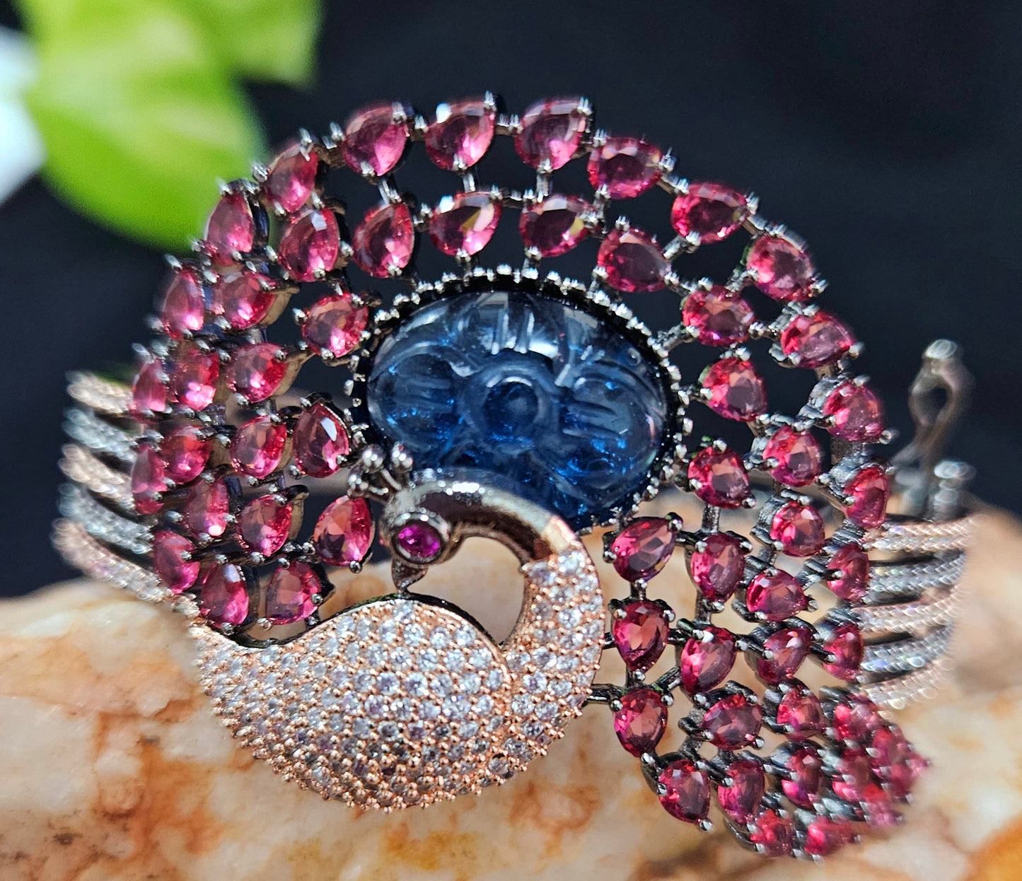Antique finish platinum kara (bangles), dancing peacock design with different stone variants