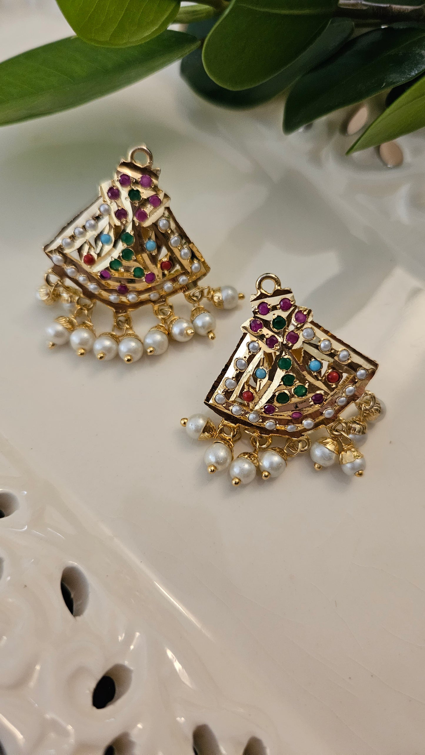 'Virtuous white' gold finish jadau set with navratan/pearl inlaid long necklace and matching earrings