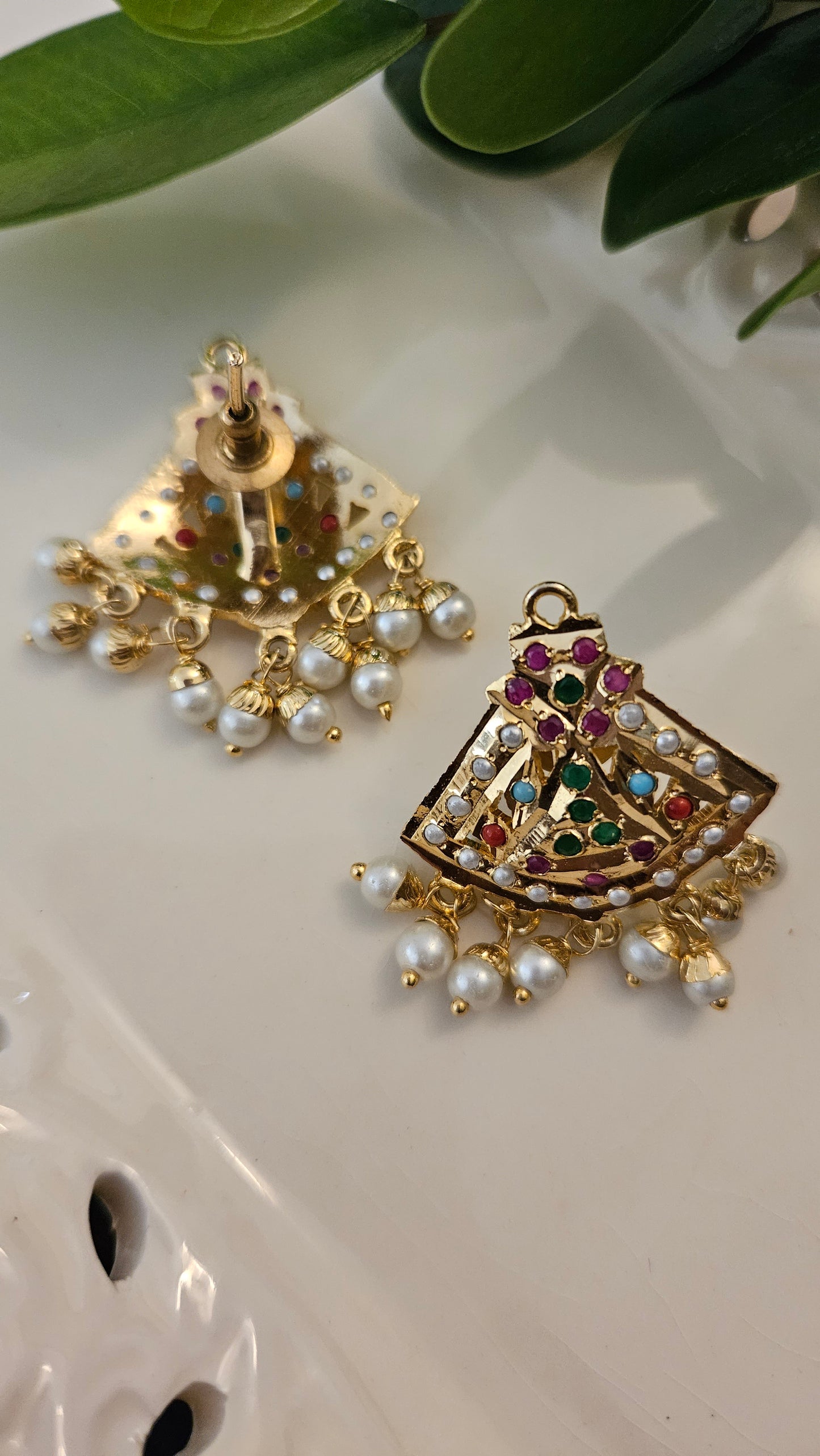 'Virtuous white' gold finish jadau set with navratan/pearl inlaid long necklace and matching earrings