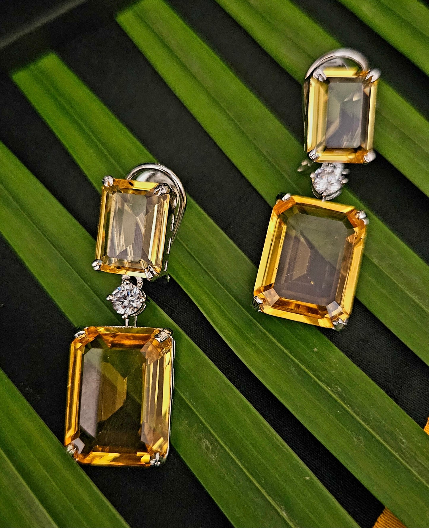 Platinum finish single strand CZ set with dual rectangle topaz/brown stone pendant, matching earrings