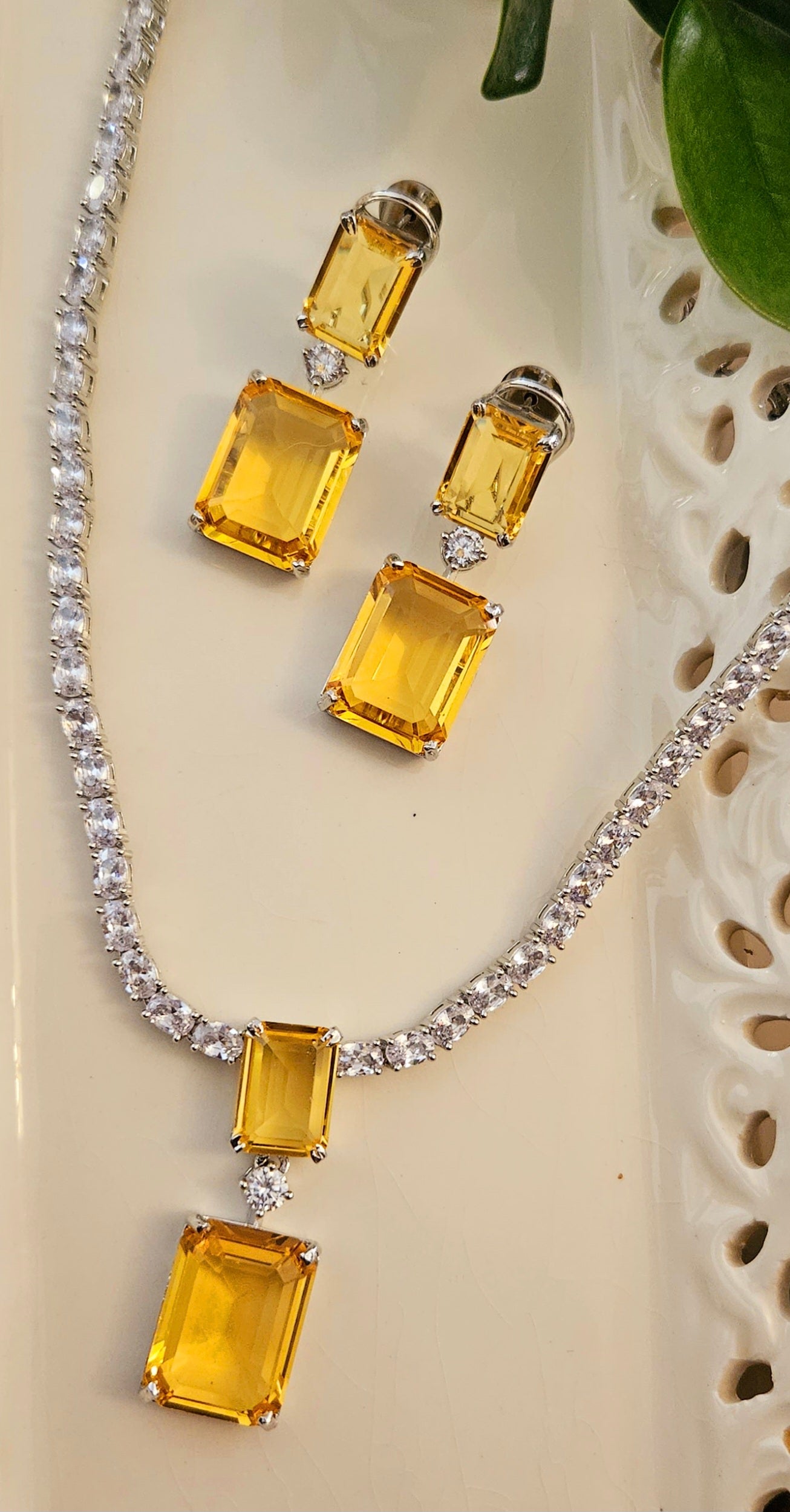Platinum finish single strand CZ set with dual rectangle topaz/brown stone pendant, matching earrings
