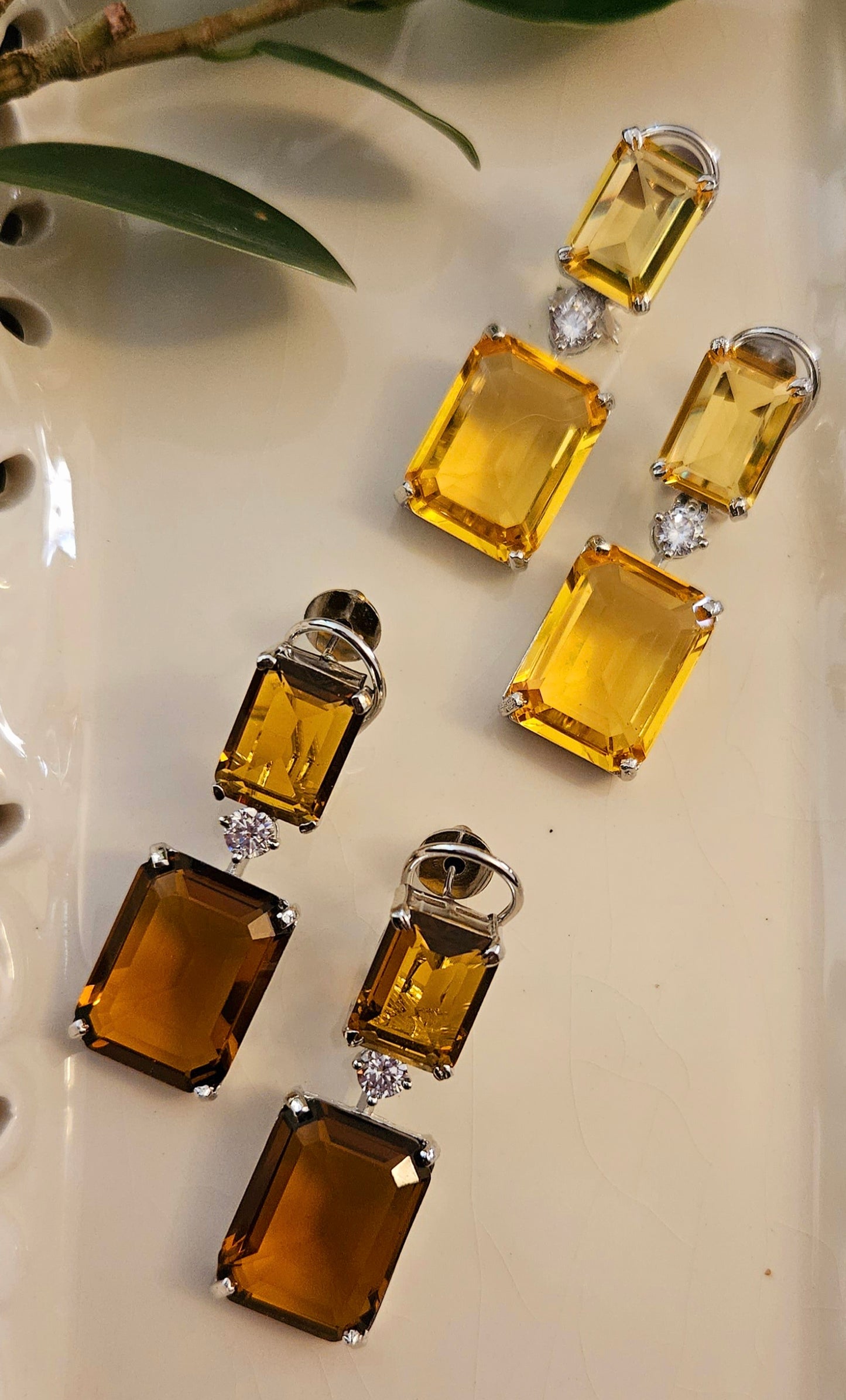 Platinum finish single strand CZ set with dual rectangle topaz/brown stone pendant, matching earrings