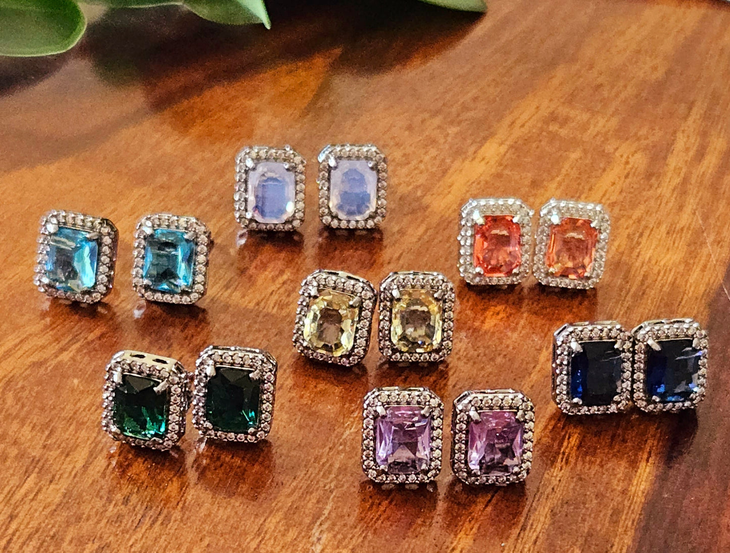 Antique finish small rectangle pendant set in stone surrounded by CZ, matching studs