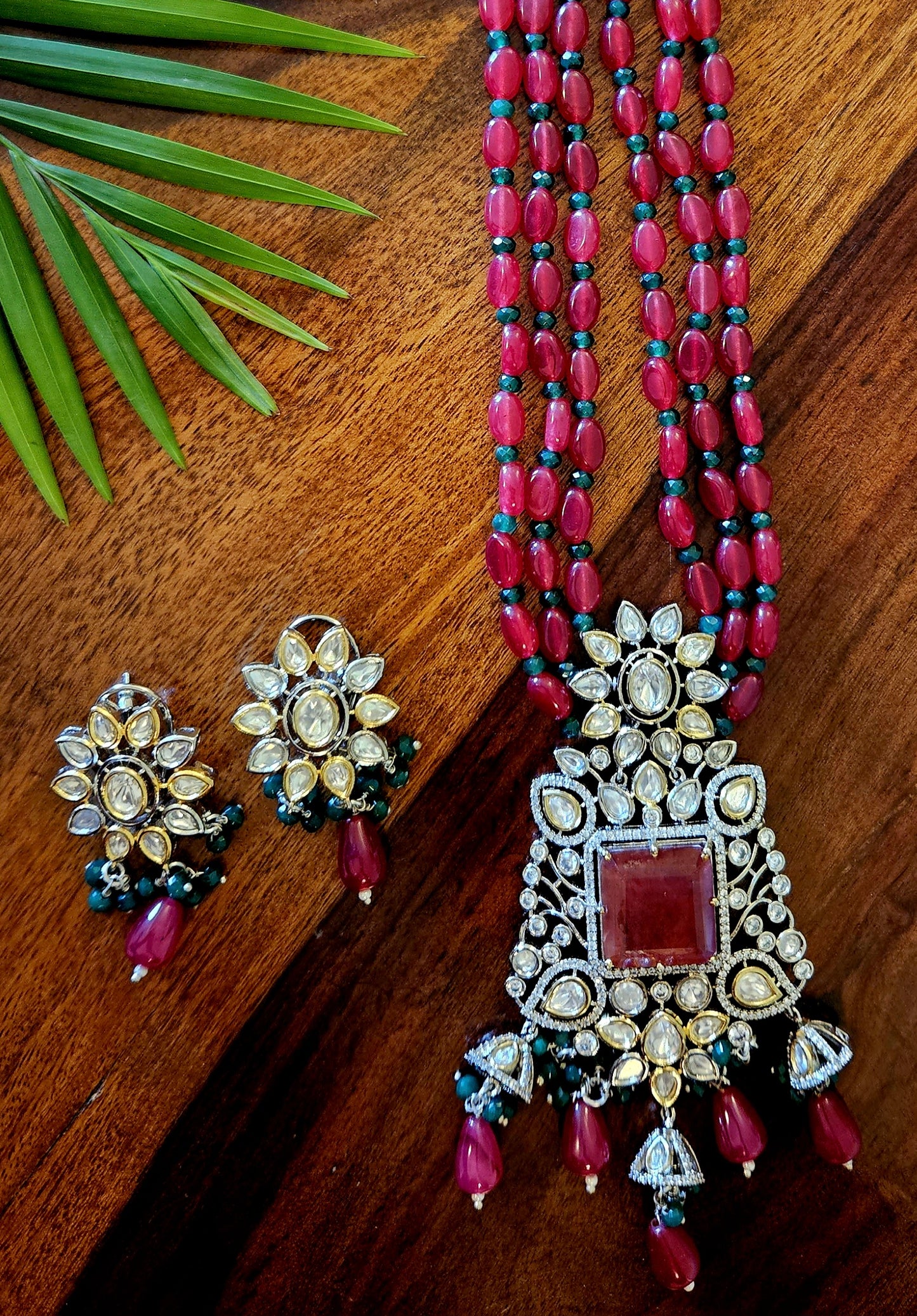 Antique finish set, red stone necklace with big pendant of red stone, kundan and CZ, matching earrings