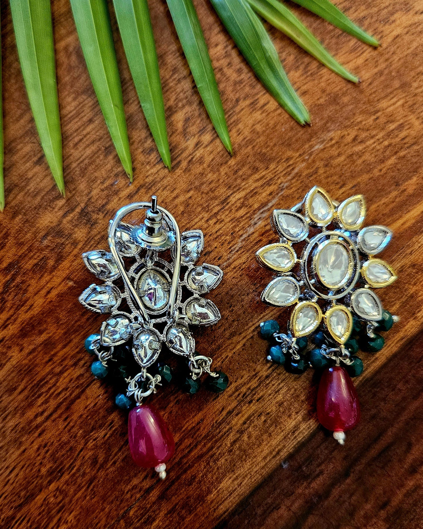 Antique finish set, red stone necklace with big pendant of red stone, kundan and CZ, matching earrings