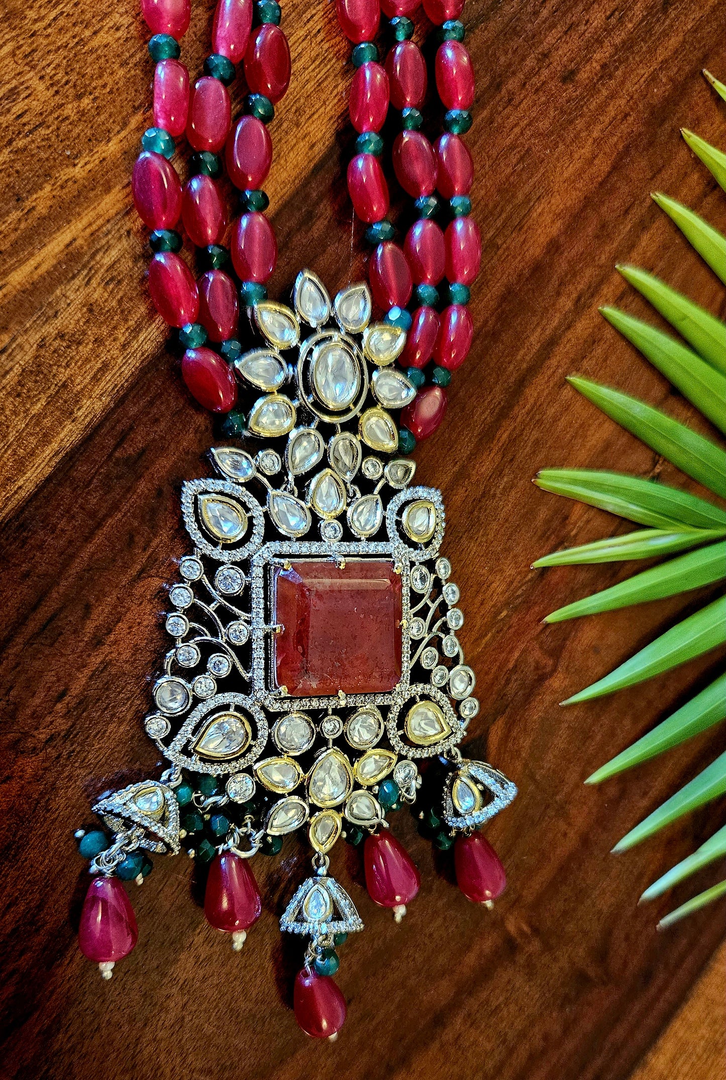 Antique finish set, red stone necklace with big pendant of red stone, kundan and CZ, matching earrings