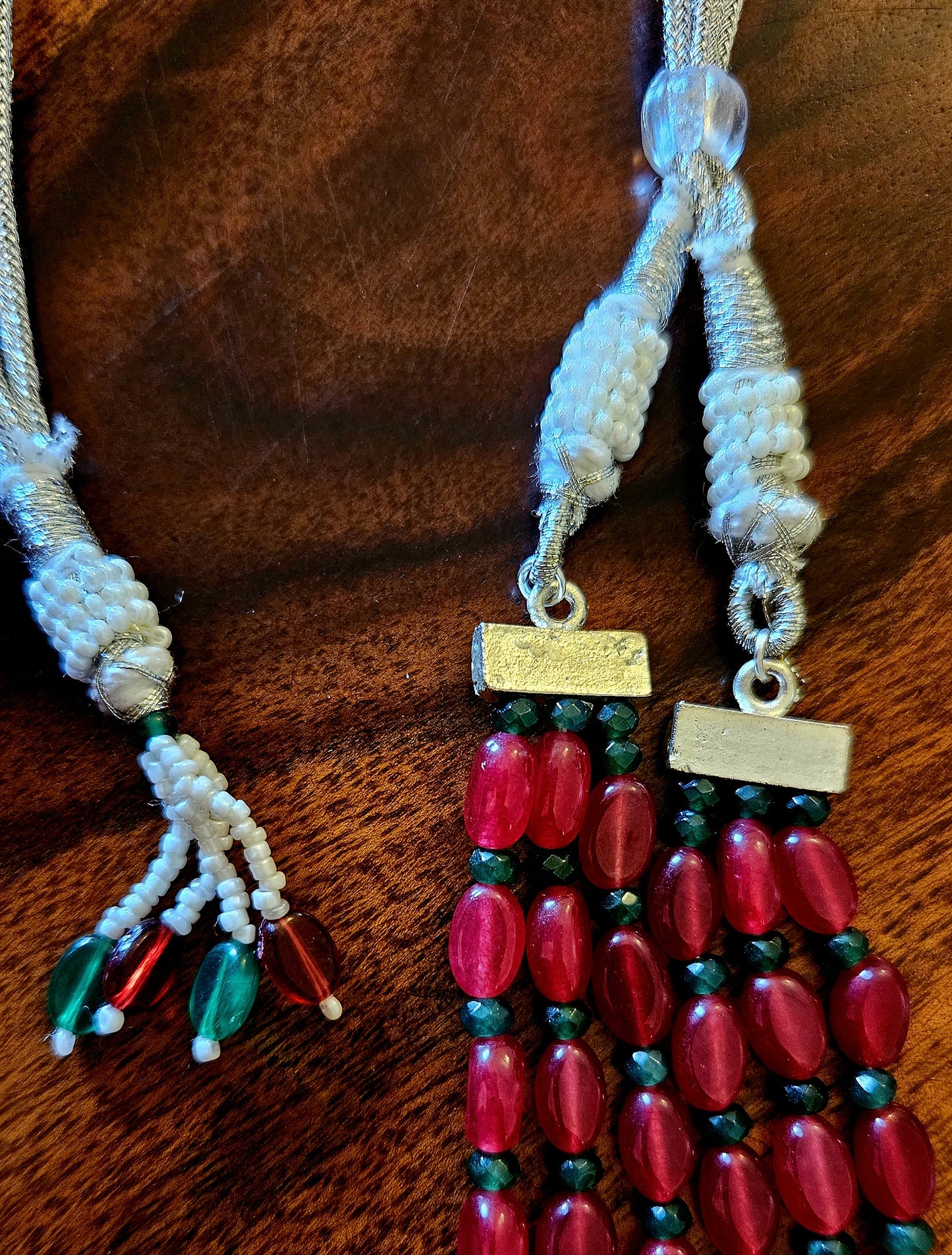 Antique finish set, red stone necklace with big pendant of red stone, kundan and CZ, matching earrings