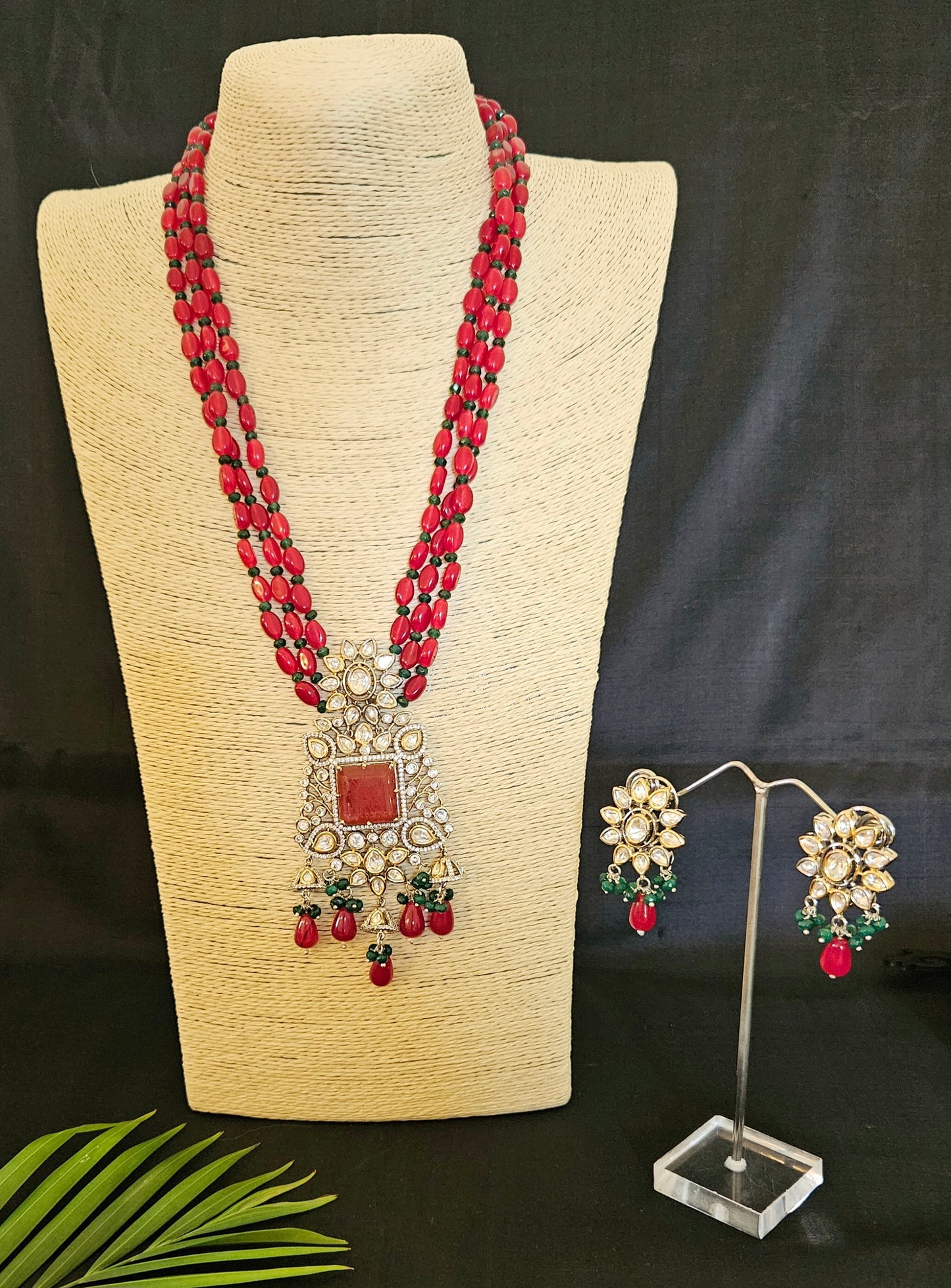 Antique finish set, red stone necklace with big pendant of red stone, kundan and CZ, matching earrings