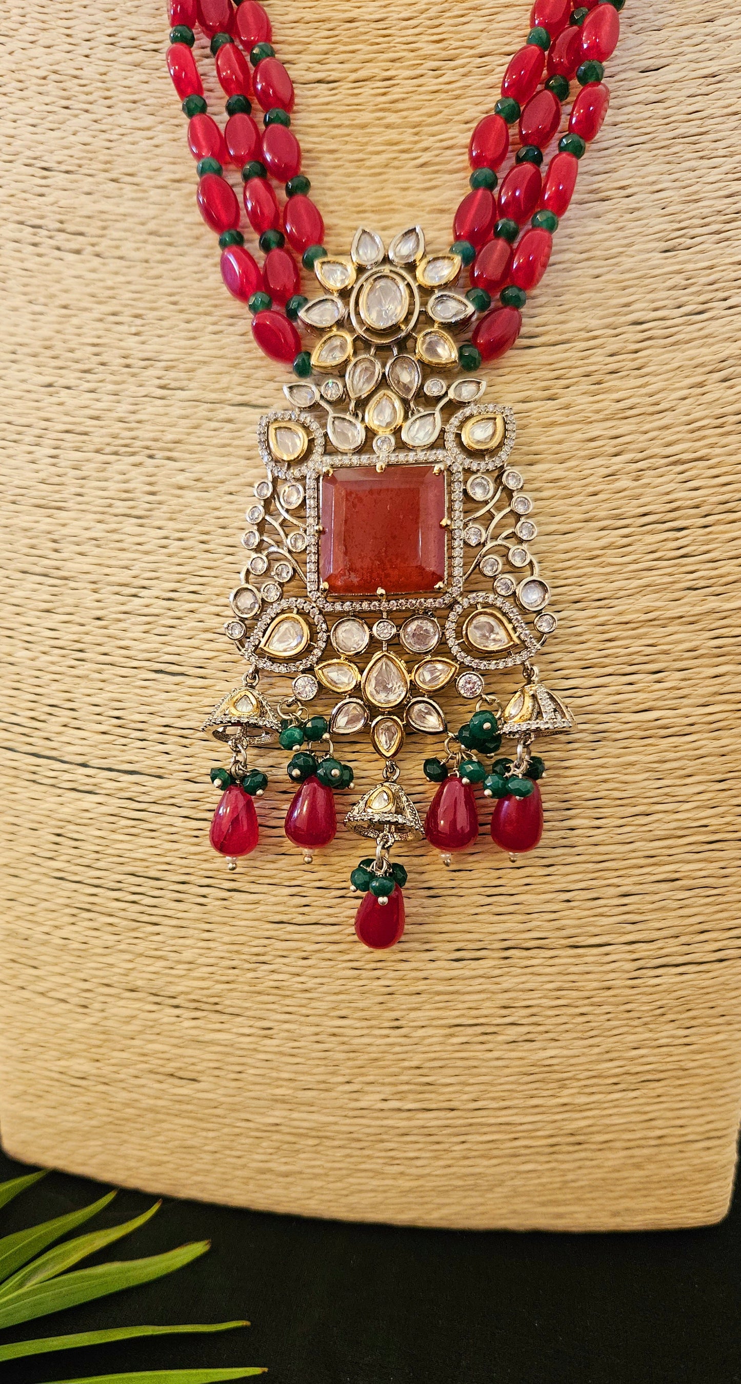 Antique finish set, red stone necklace with big pendant of red stone, kundan and CZ, matching earrings