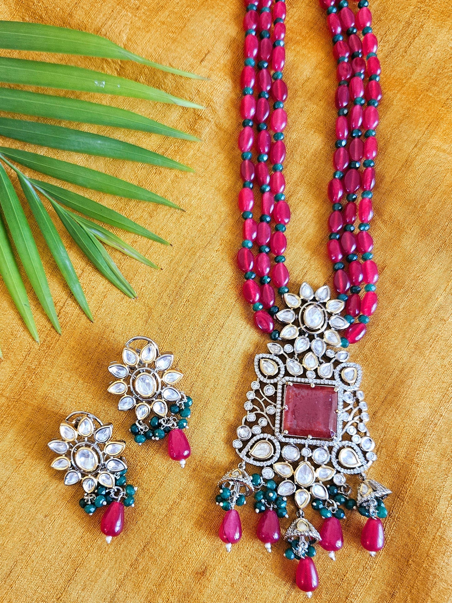 Antique finish set, red stone necklace with big pendant of red stone, kundan and CZ, matching earrings