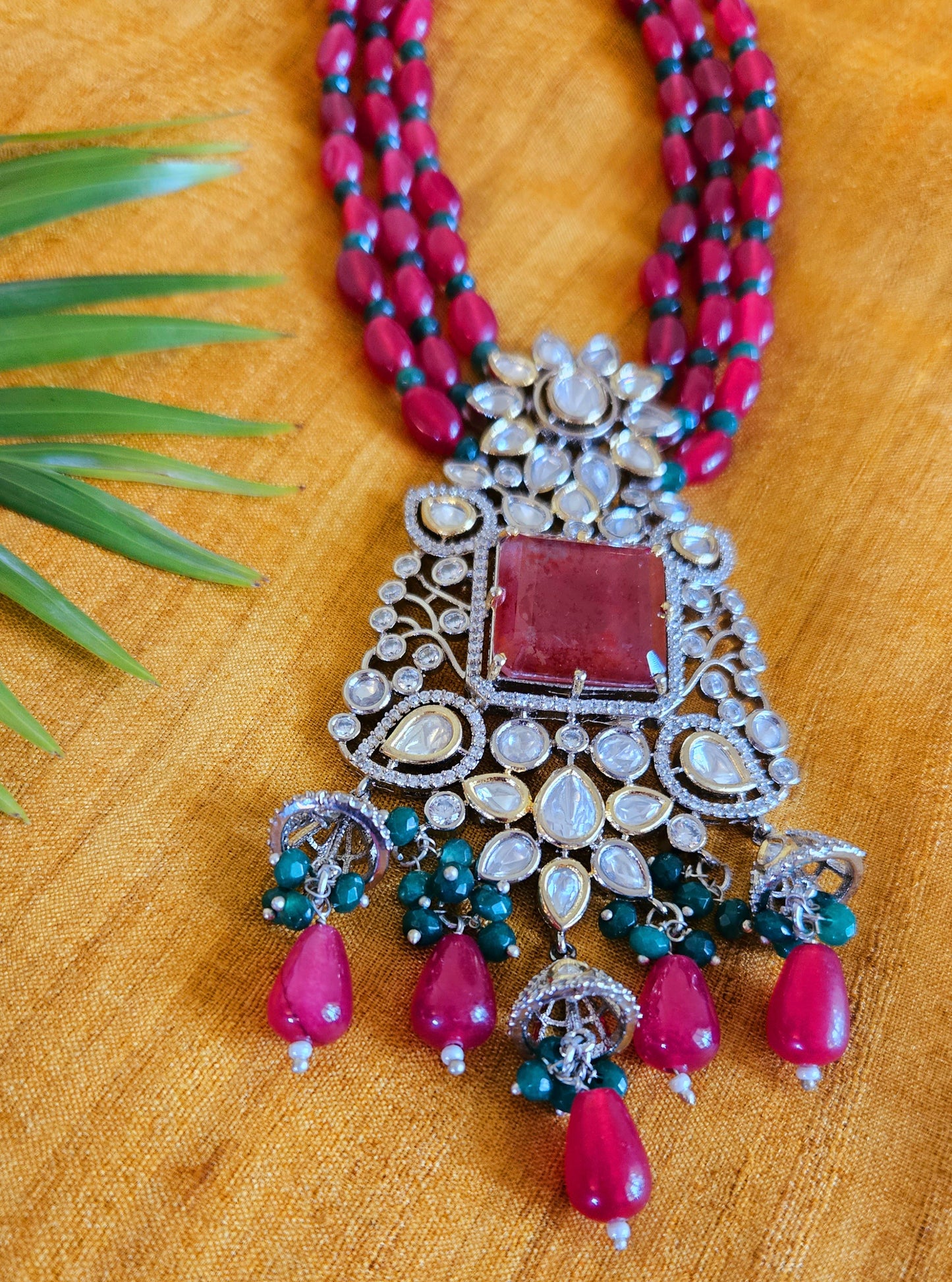 Antique finish set, red stone necklace with big pendant of red stone, kundan and CZ, matching earrings