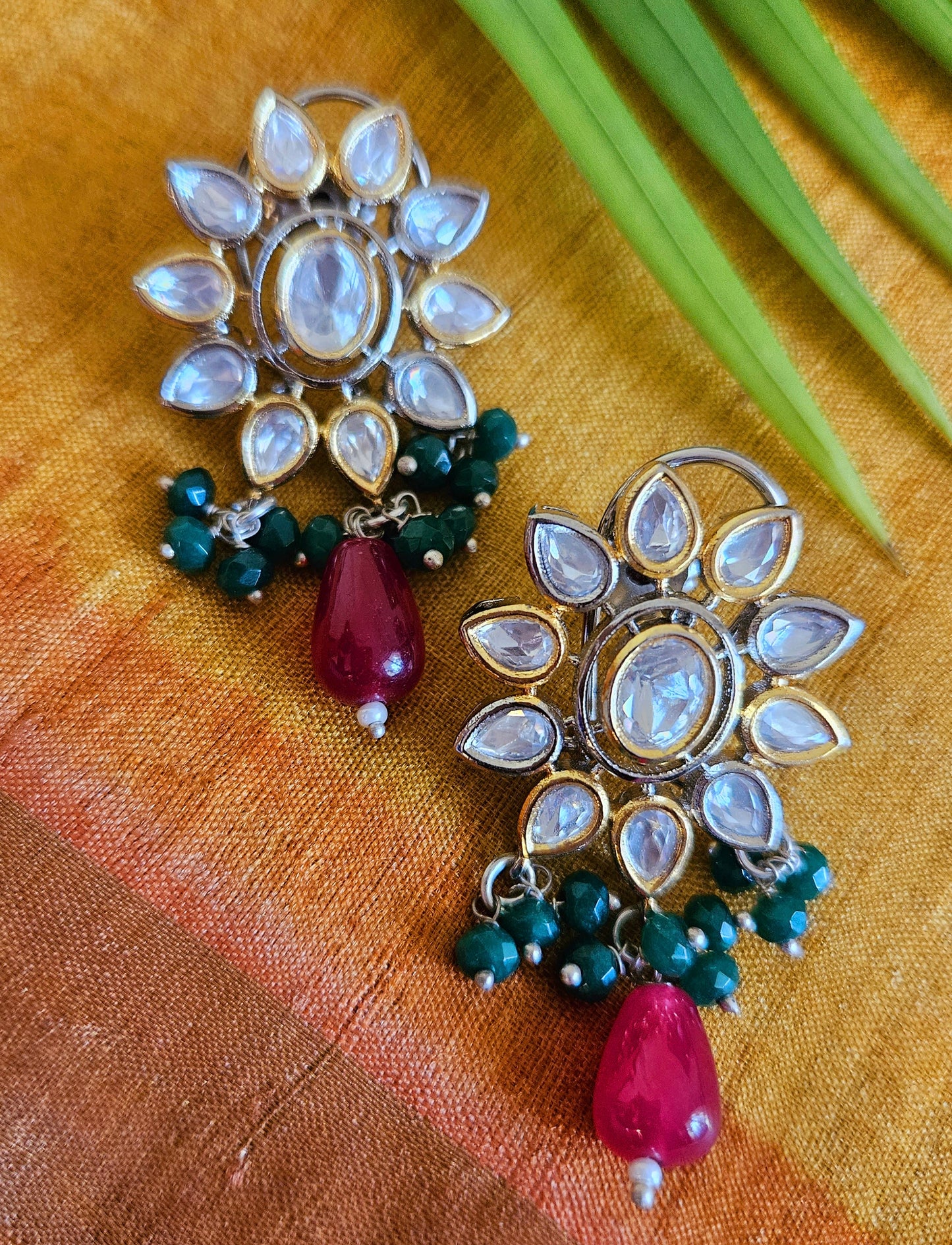 Antique finish set, red stone necklace with big pendant of red stone, kundan and CZ, matching earrings