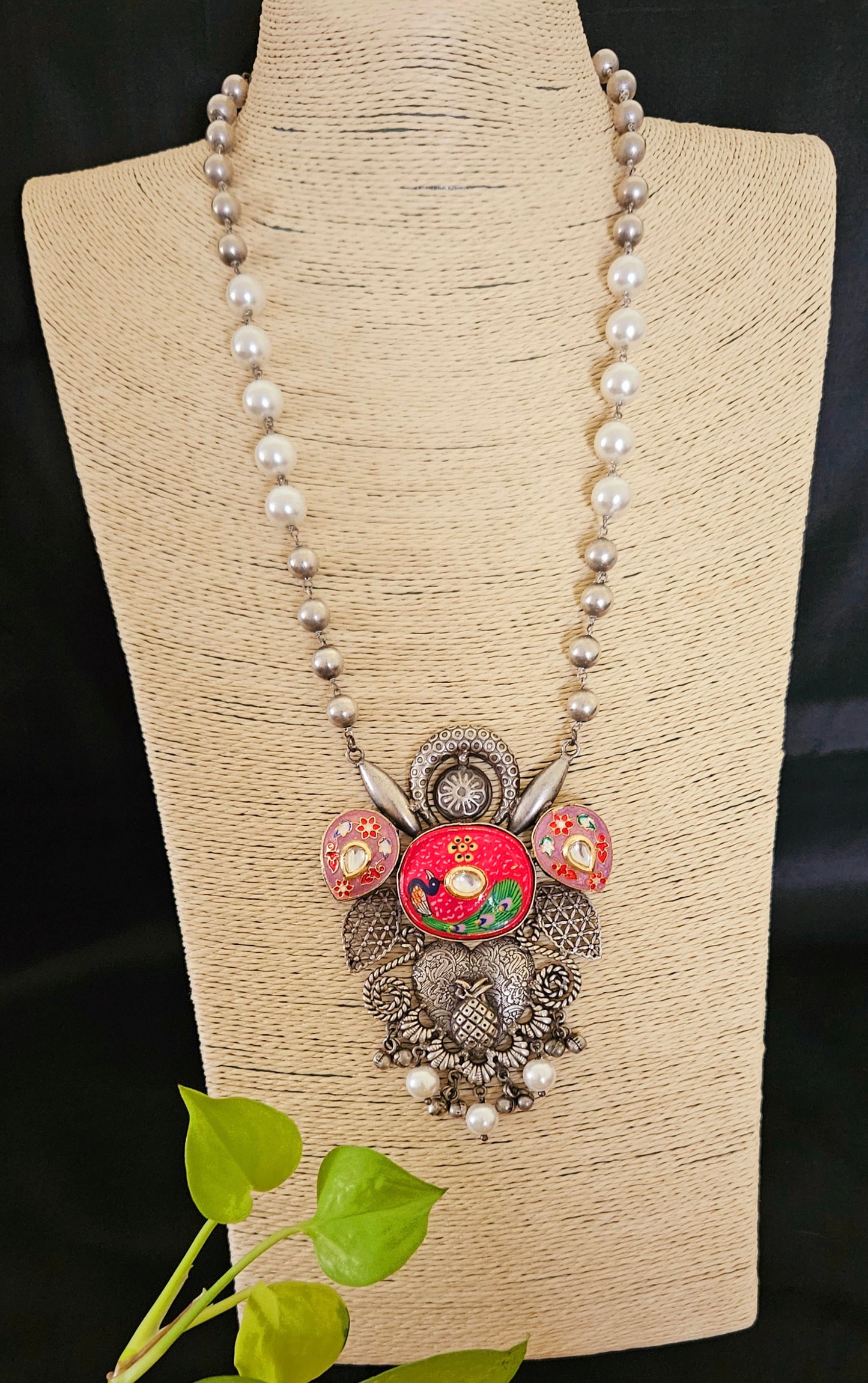 Silver finish long necklace set, big hand-painted pendant in red/peach held in silver bead and pearl strand, matching earrings