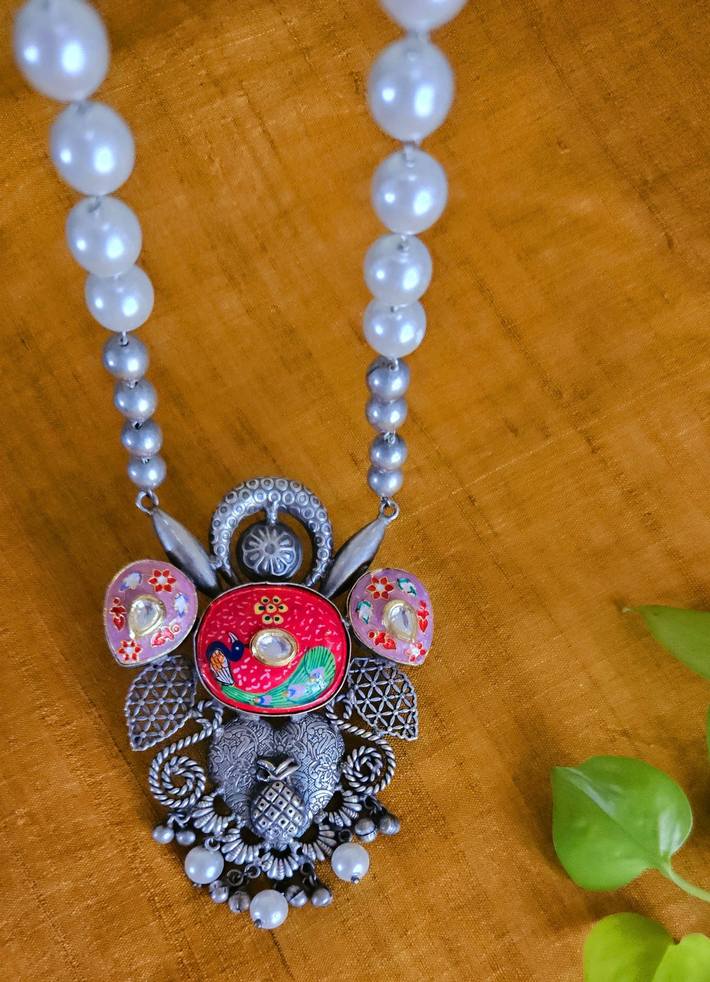 Silver finish long necklace set, big hand-painted pendant in red/peach held in silver bead and pearl strand, matching earrings