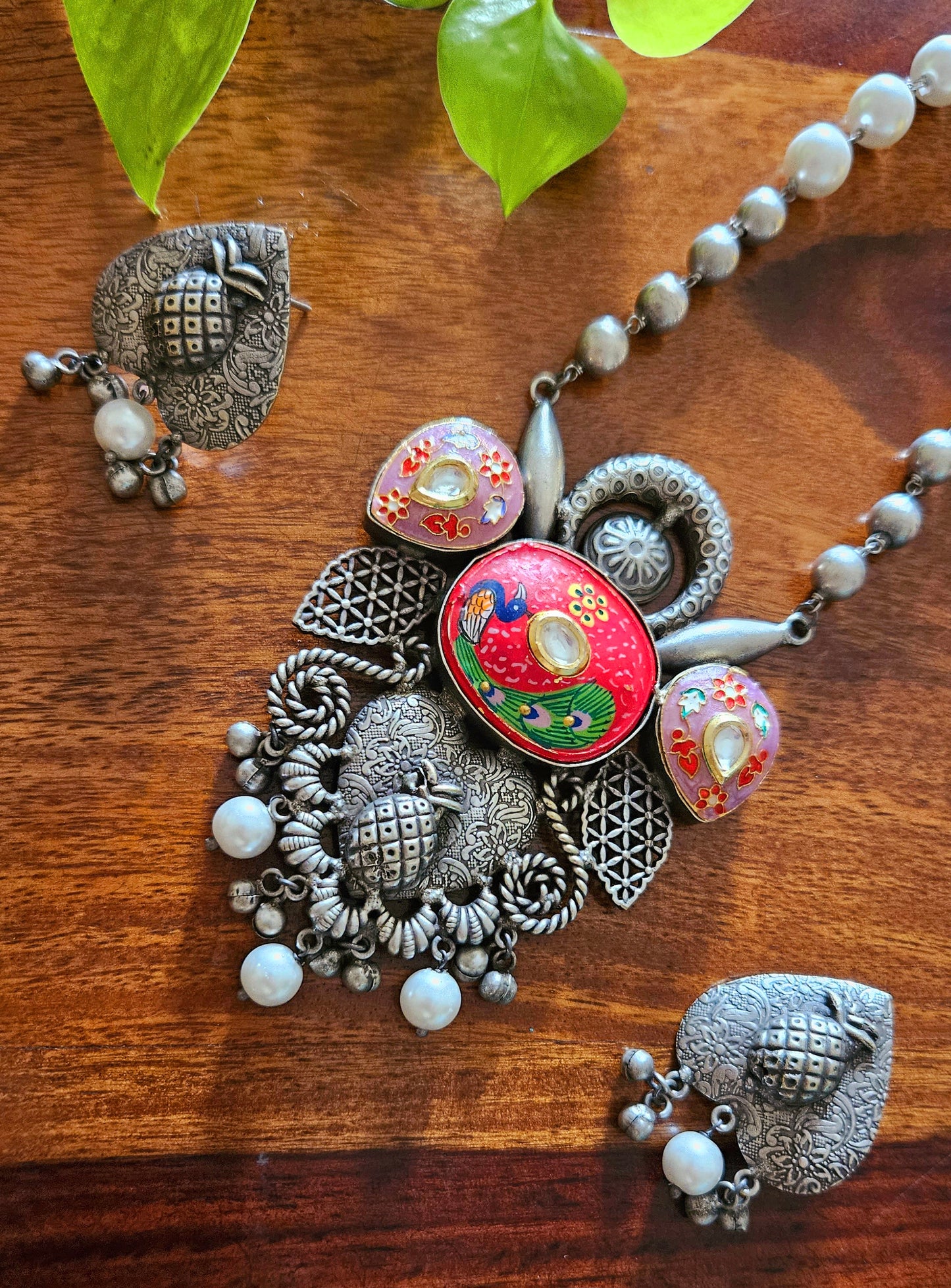 Silver finish long necklace set, big hand-painted pendant in red/peach held in silver bead and pearl strand, matching earrings
