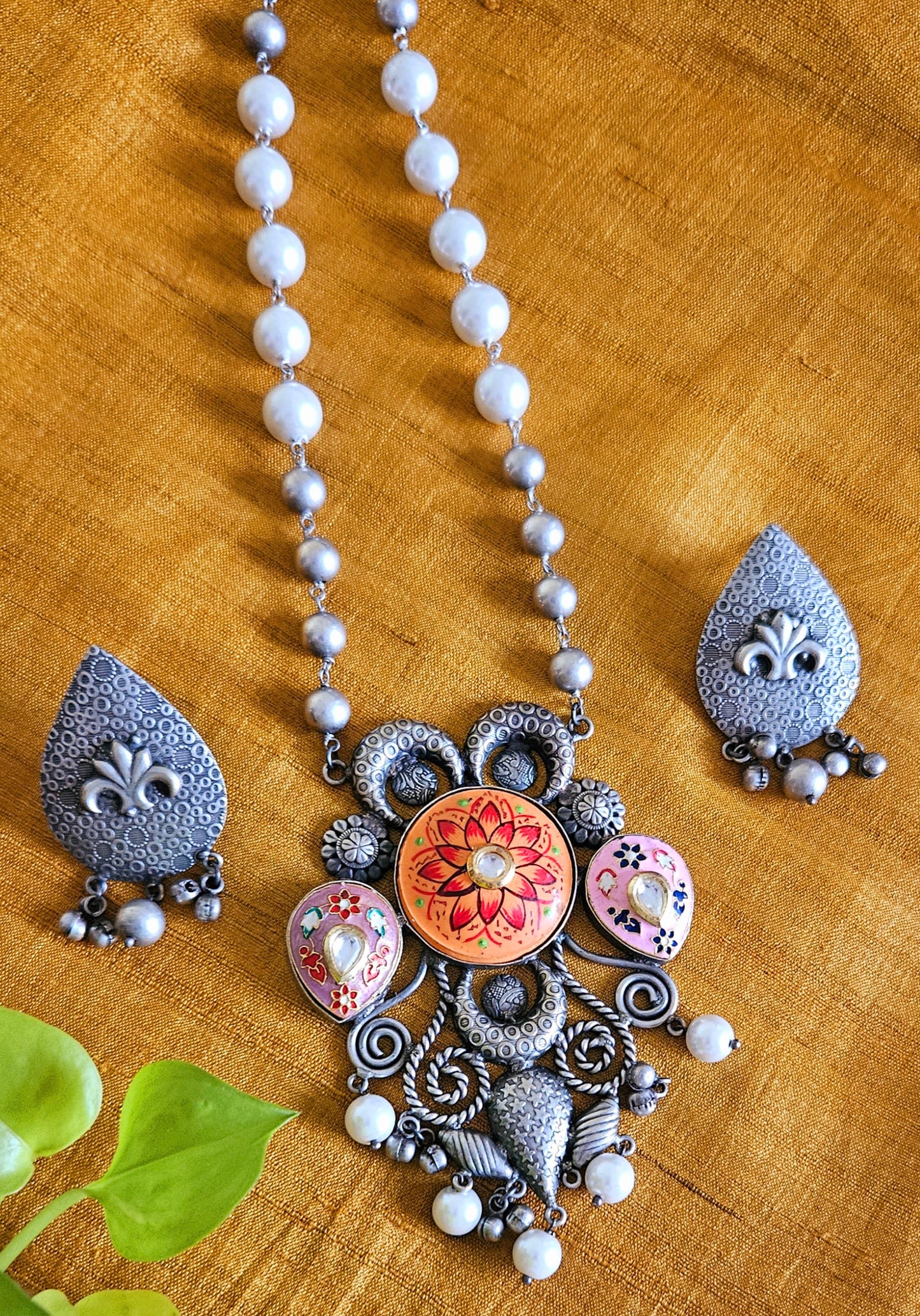 Silver finish long necklace set, big hand-painted pendant in red/peach held in silver bead and pearl strand, matching earrings
