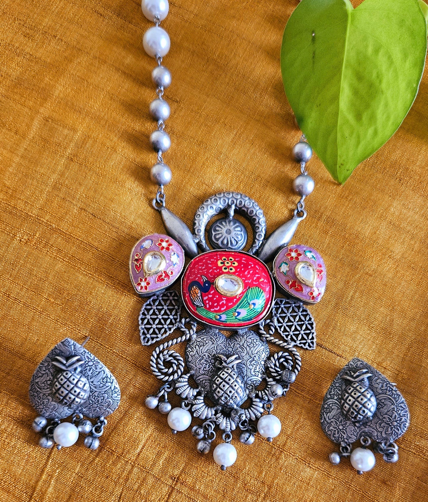 Silver finish long necklace set, big hand-painted pendant in red/peach held in silver bead and pearl strand, matching earrings