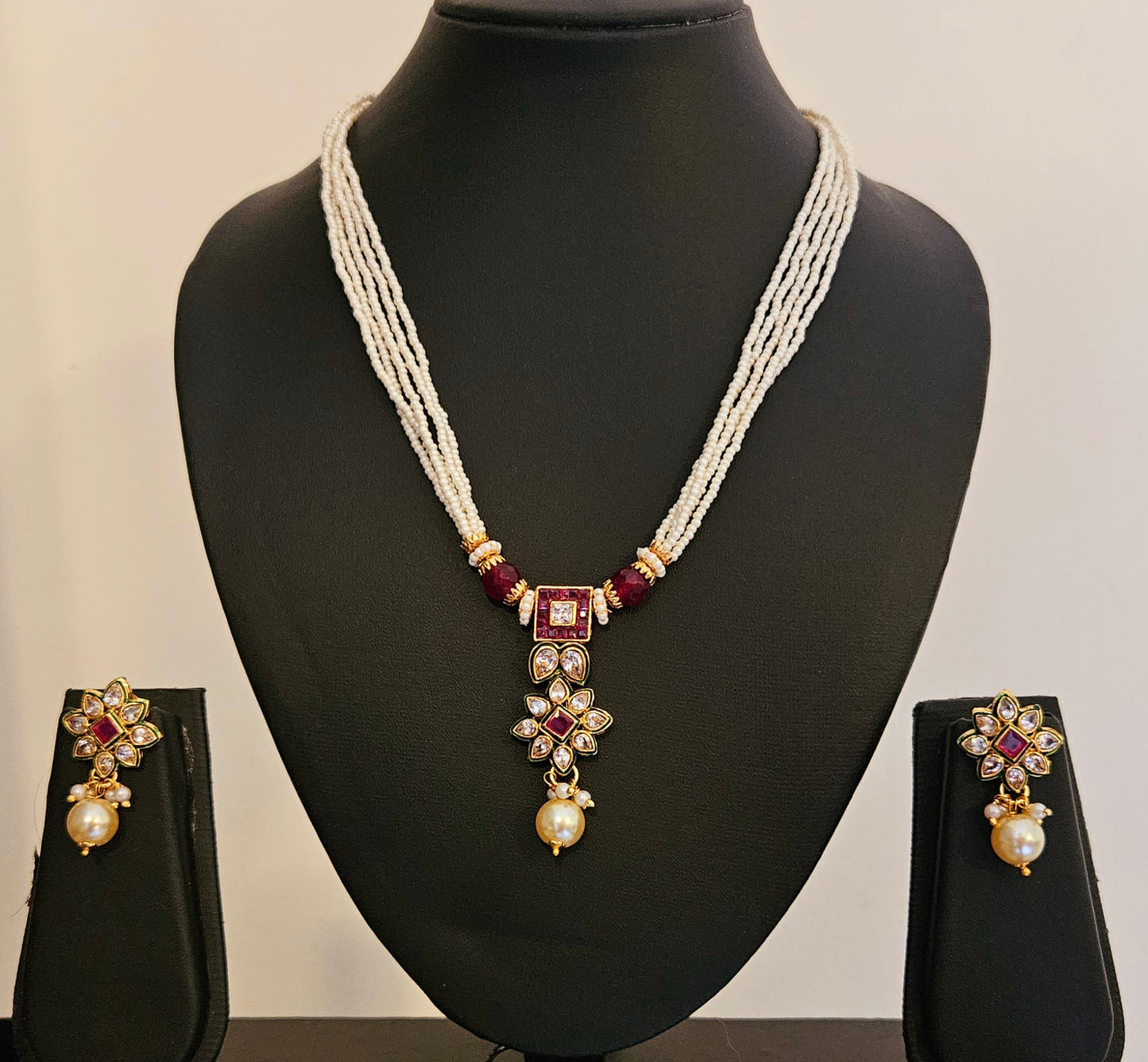Gold finish pendant set, delicate pendant with mint geen/red stones and kundan pendant, matching earrings