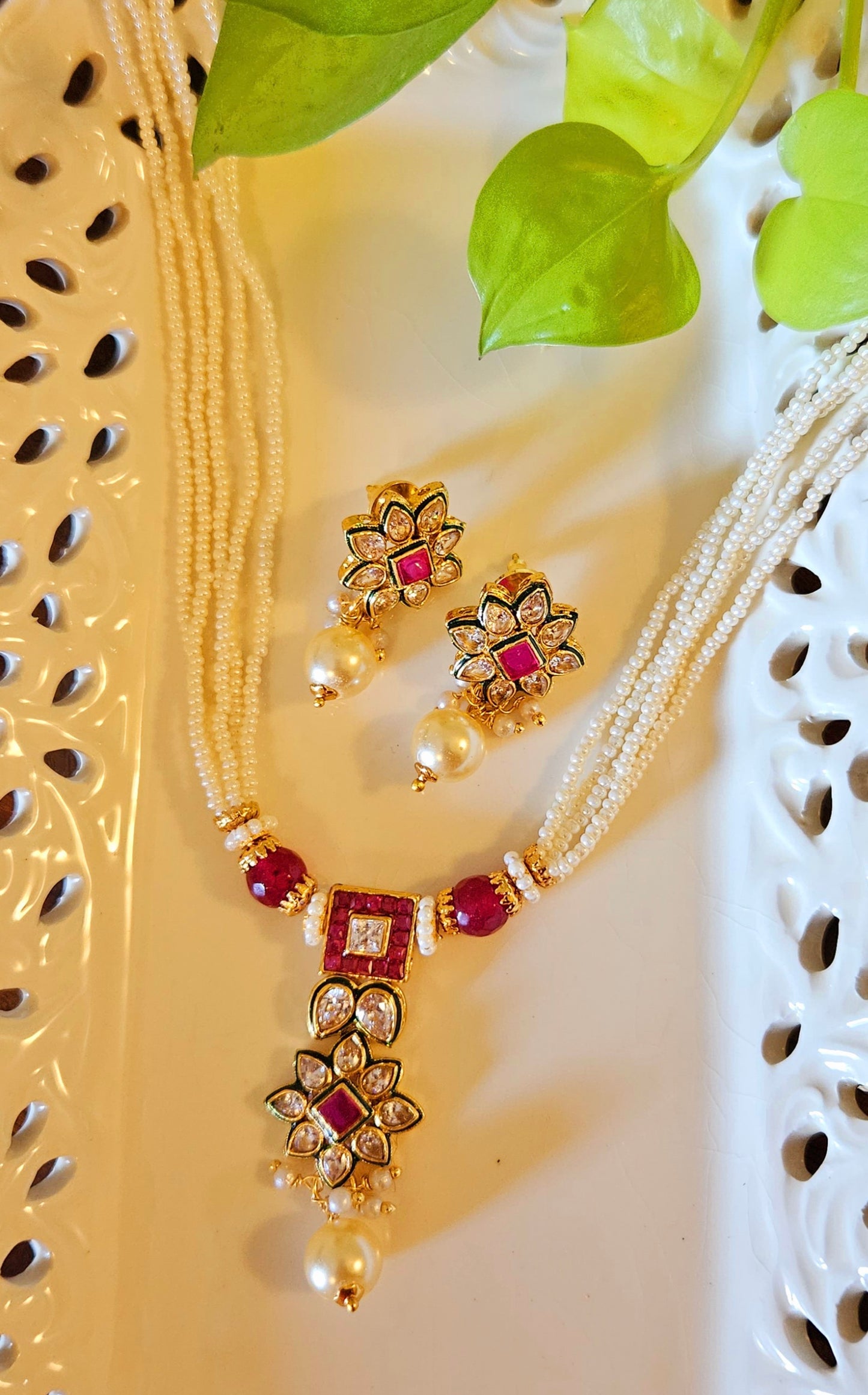 Gold finish pendant set, delicate pendant with mint geen/red stones and kundan pendant, matching earrings