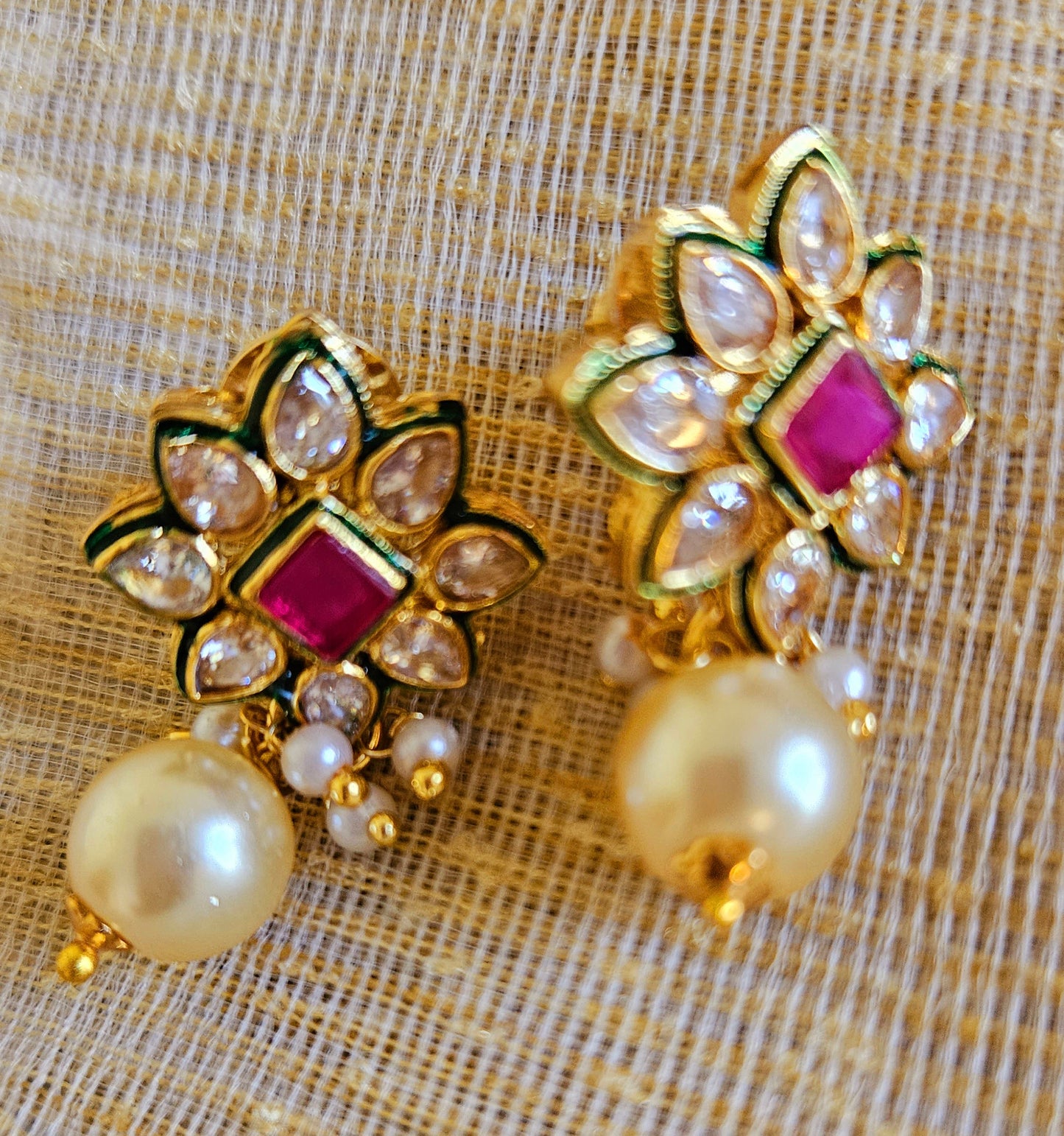 Gold finish pendant set, delicate pendant with mint geen/red stones and kundan pendant, matching earrings