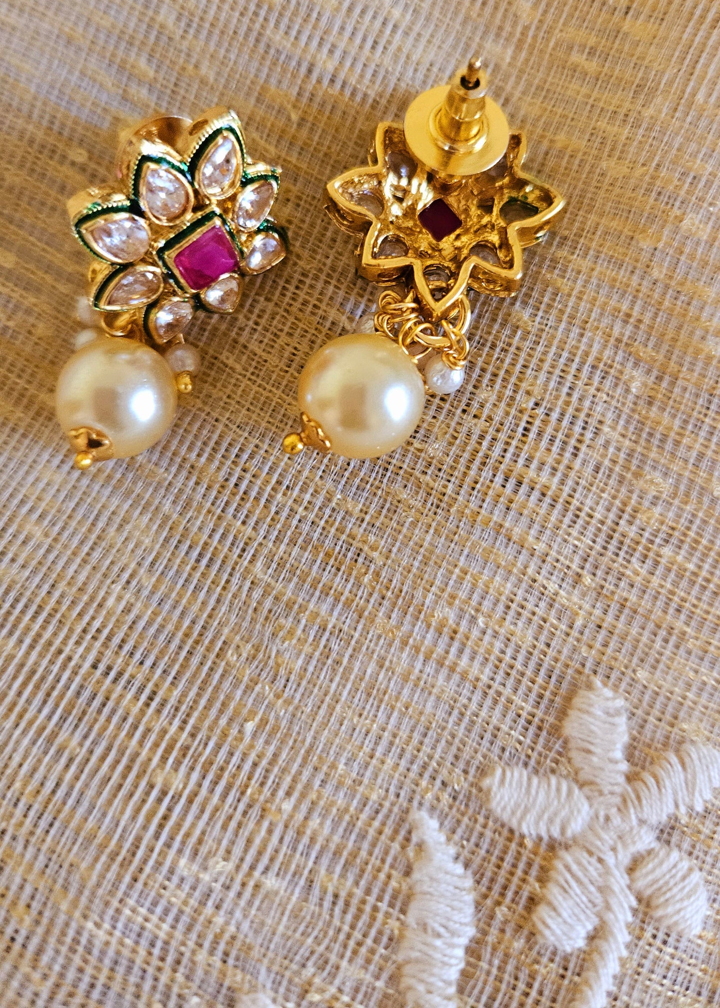 Gold finish pendant set, delicate pendant with mint geen/red stones and kundan pendant, matching earrings