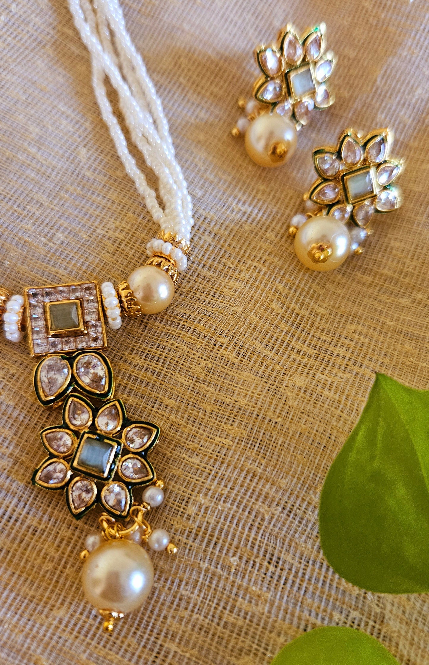 Gold finish pendant set, delicate pendant with mint geen/red stones and kundan pendant, matching earrings