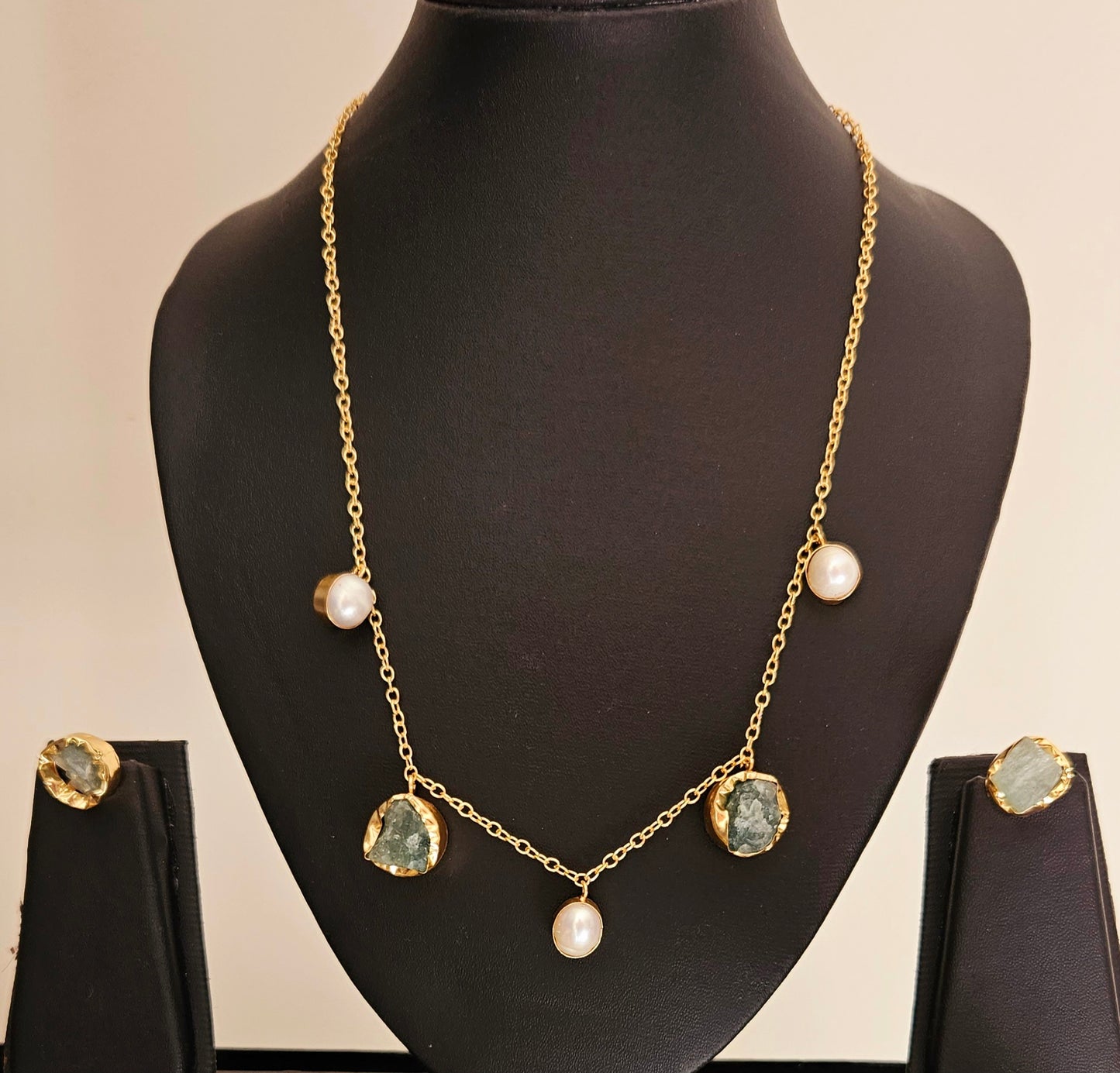 Gold finish set with Mint green/rust/ blue stone and pearl set on chain, matching studs (earrings)