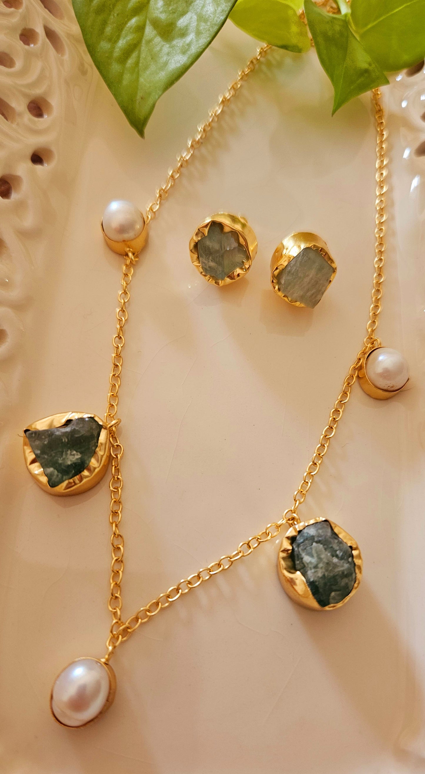 Gold finish set with Mint green/rust/ blue stone and pearl set on chain, matching studs (earrings)