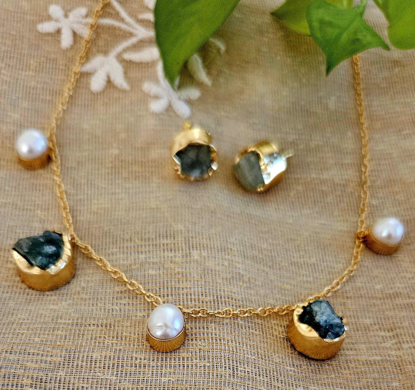 Gold finish set with Mint green/rust/ blue stone and pearl set on chain, matching studs (earrings)