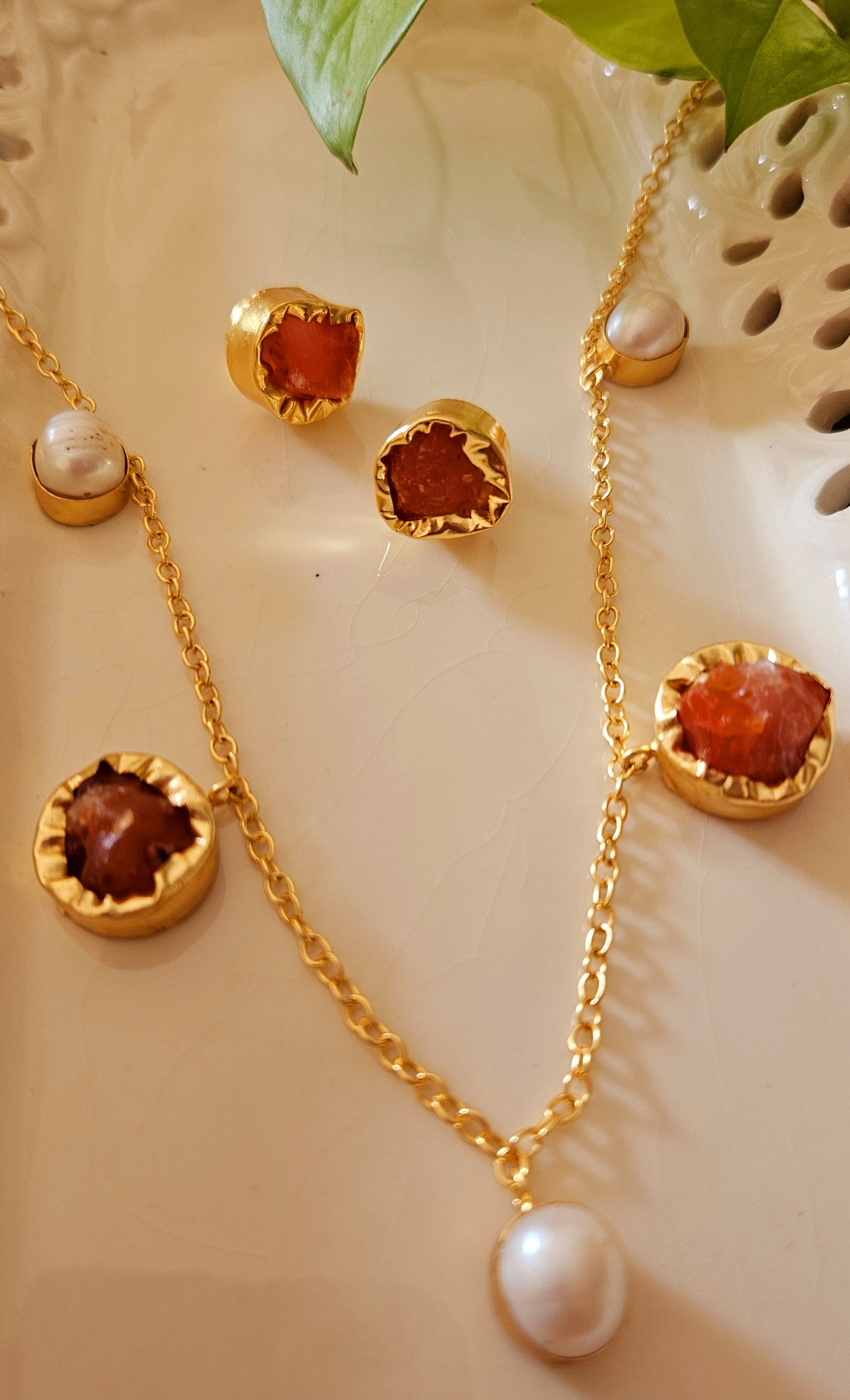 Gold finish set with Mint green/rust/ blue stone and pearl set on chain, matching studs (earrings)