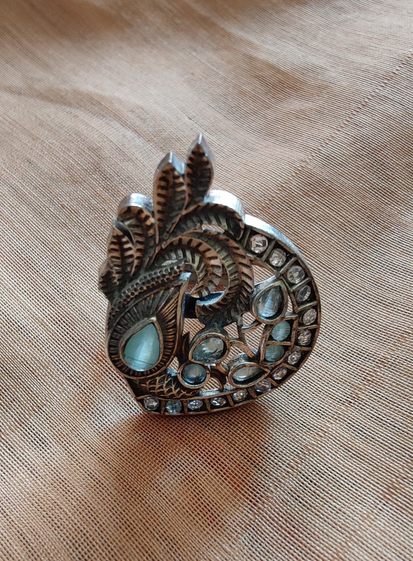 Statement ring with mint green/pale pink/deep pink stones in antique silver finish