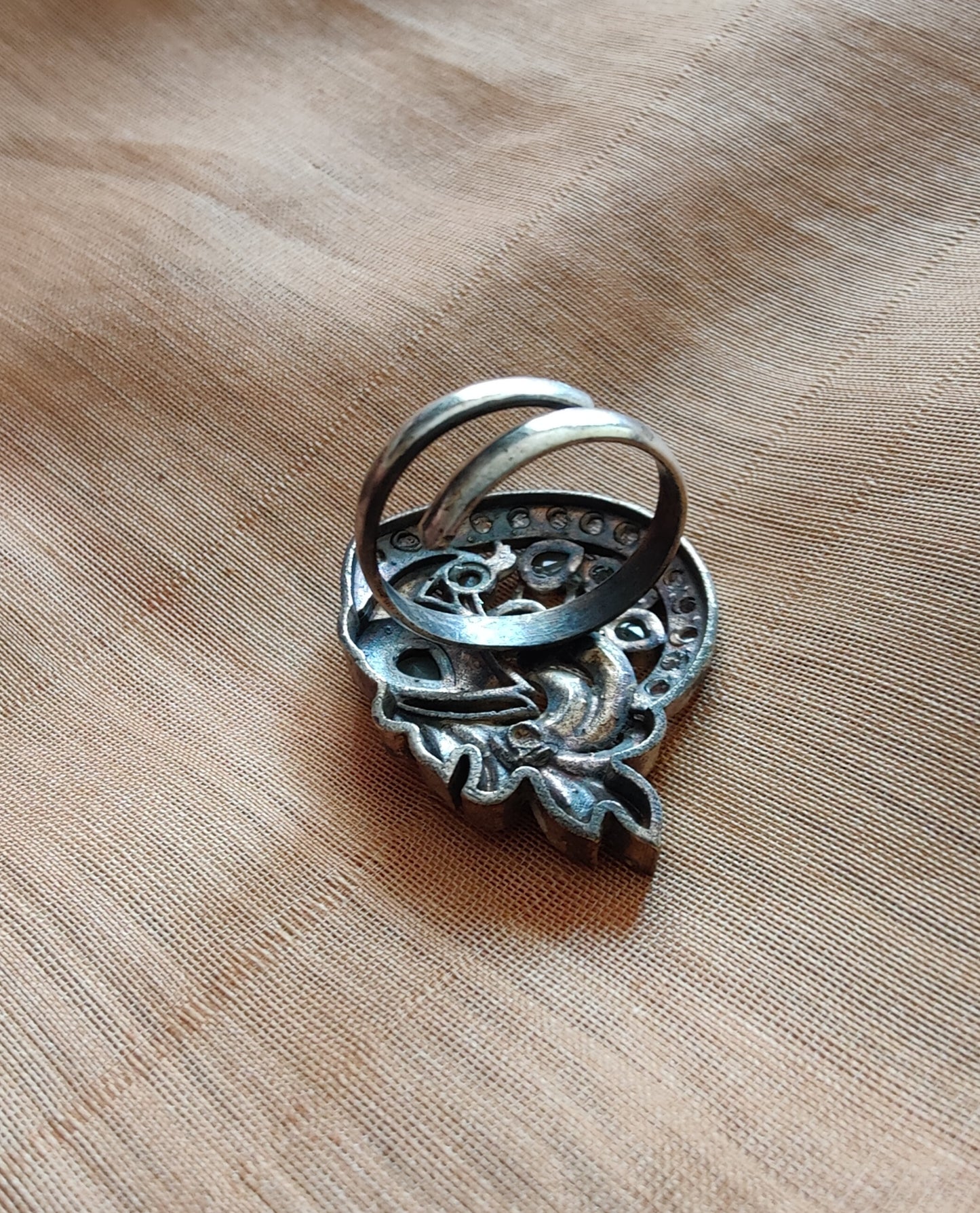 Statement ring with mint green/pale pink/deep pink stones in antique silver finish