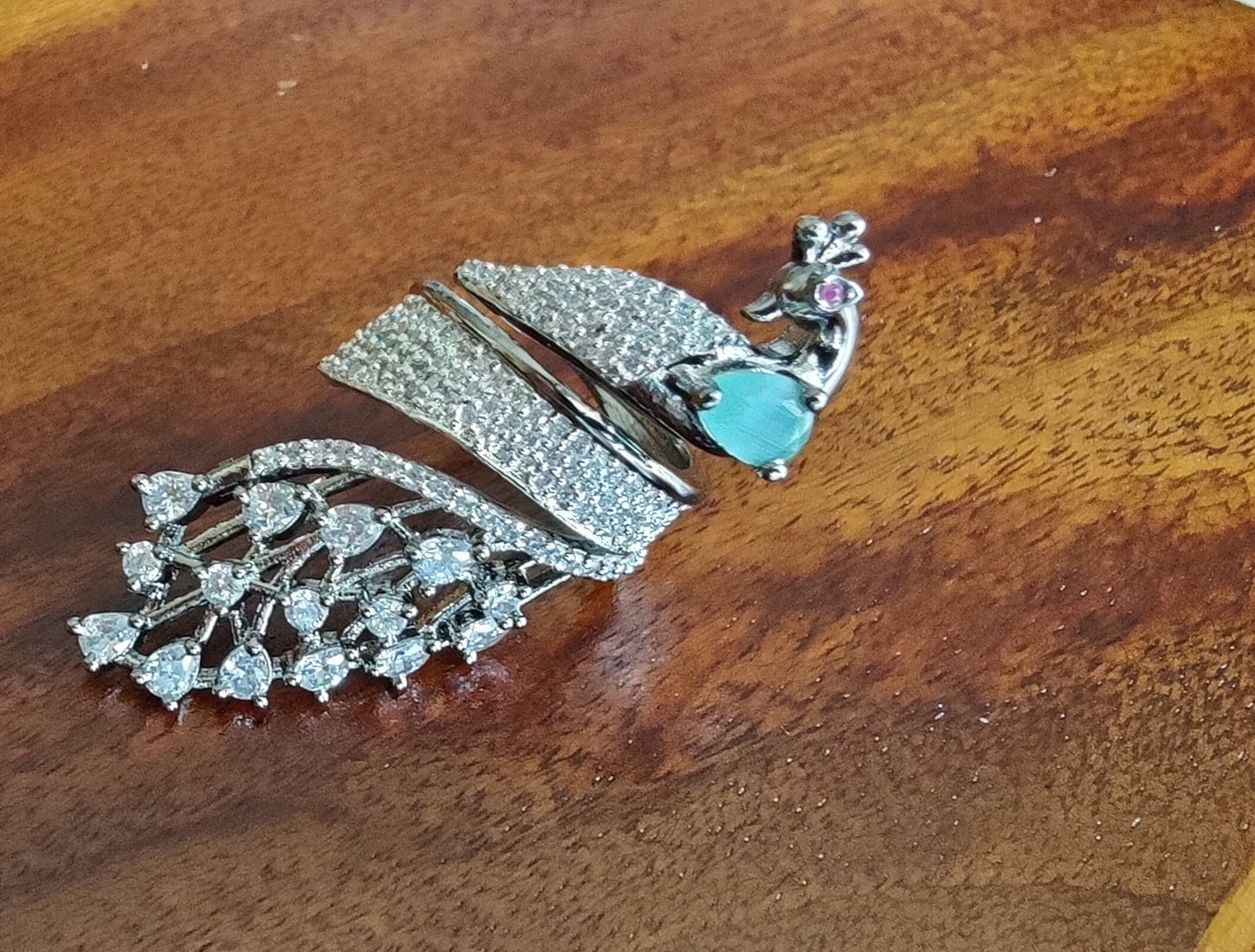 Statement peacock ring with white crystals & mint green/pink/peach/white/blue stone in silver/gold finish