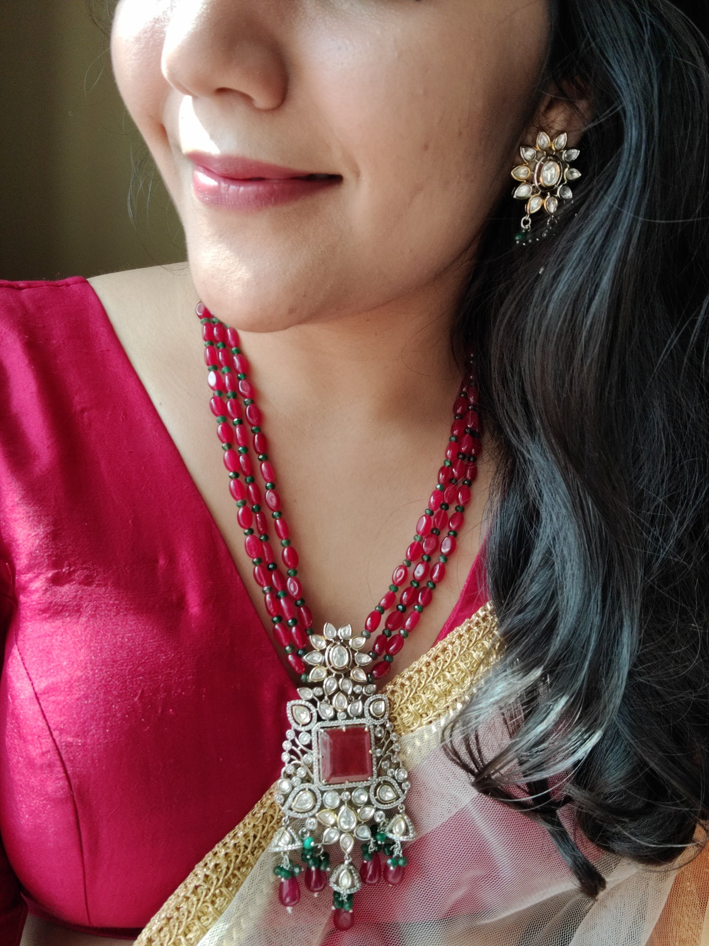 Antique finish set, red stone necklace with big pendant of red stone, kundan and CZ, matching earrings