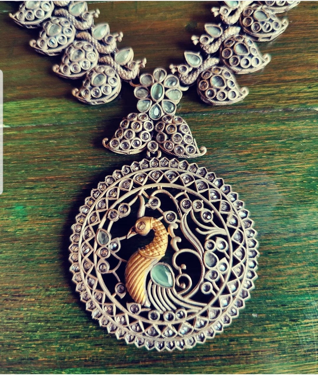 Dual tone temple jewelry set, peacock design necklace, mint green stones inlay, matching earrings