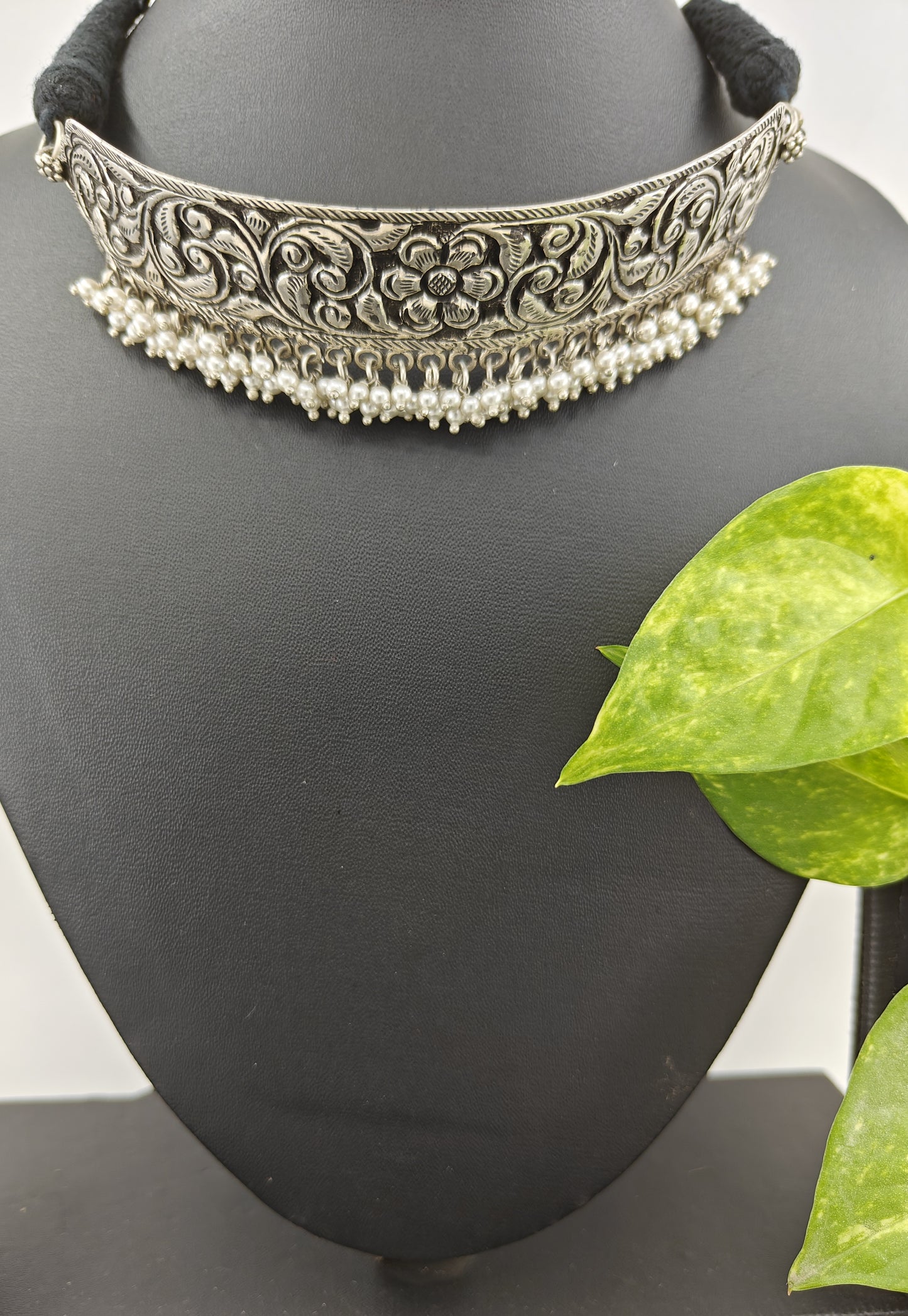 Silver floral chatai work choker necklace with pearl drops