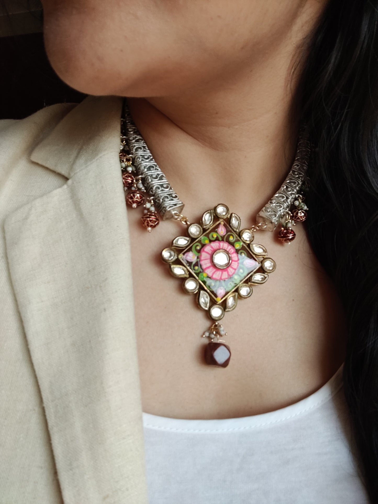 Hasili set in silver finish with Meenakari,stone and kundan work,big meenakari earrings