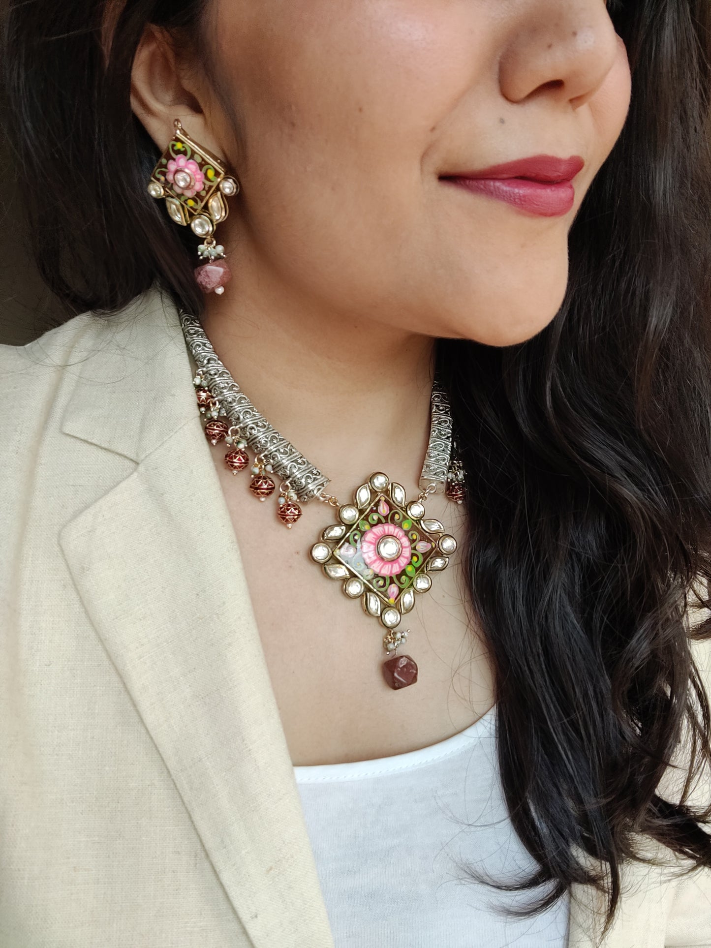 Hasili set in silver finish with Meenakari,stone and kundan work,big meenakari earrings