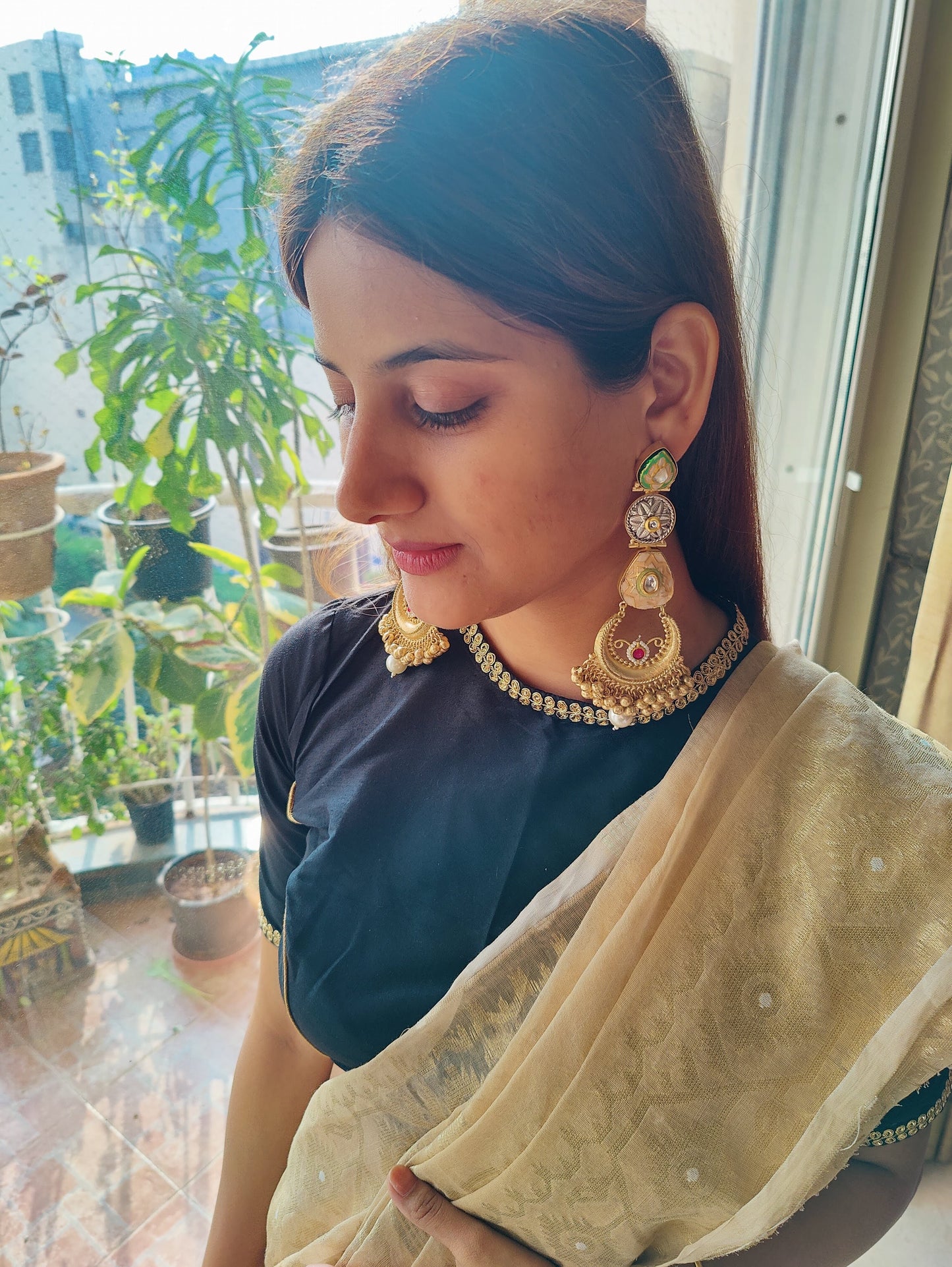 Nutan shoulder duster earrings with meenakari and kundan